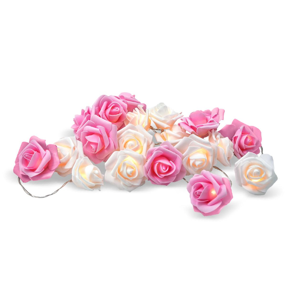 A string of pink and white rose-shaped lights on a white background. Some roses are lit, others are not.