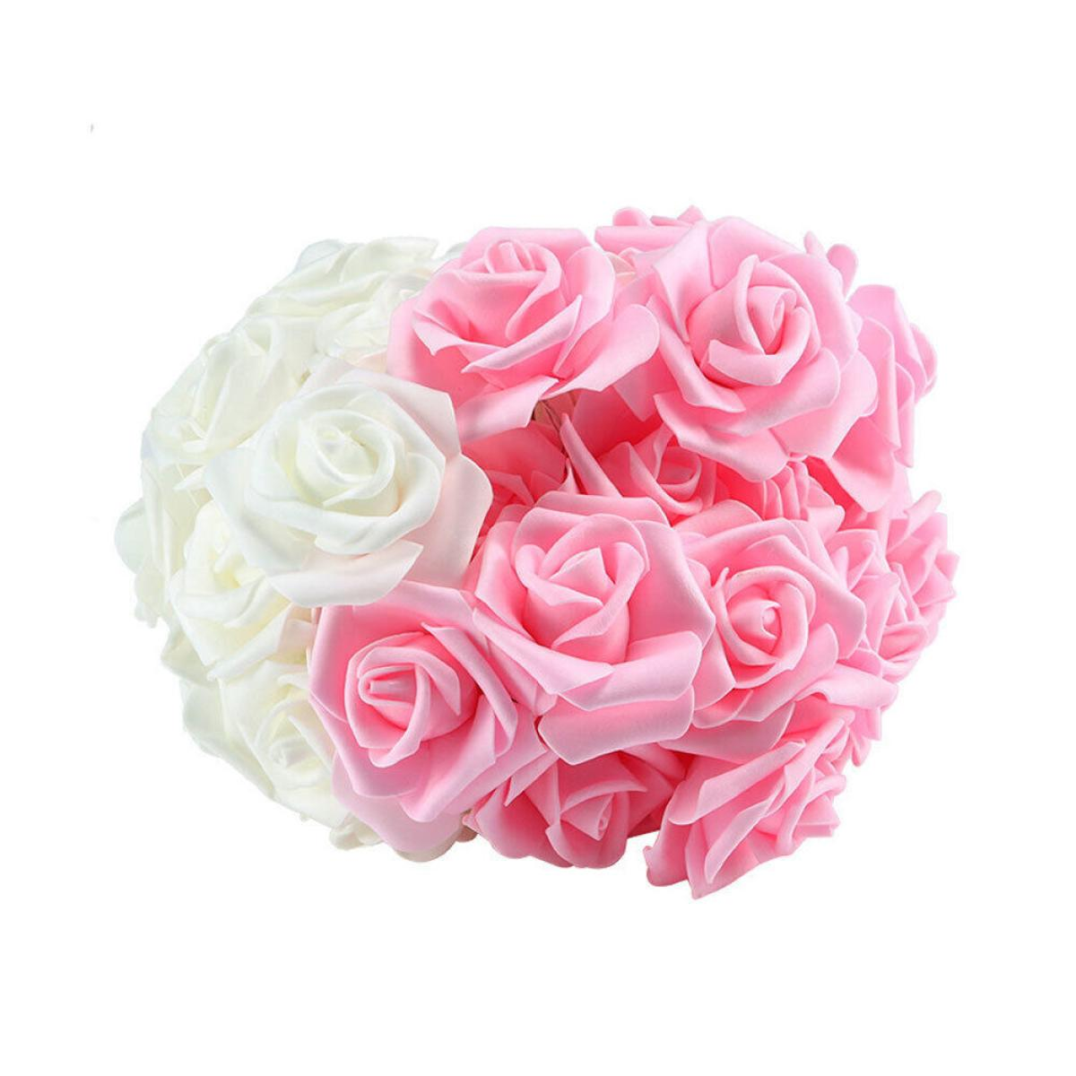 A bouquet of roses, half white and half pink, against a white background.