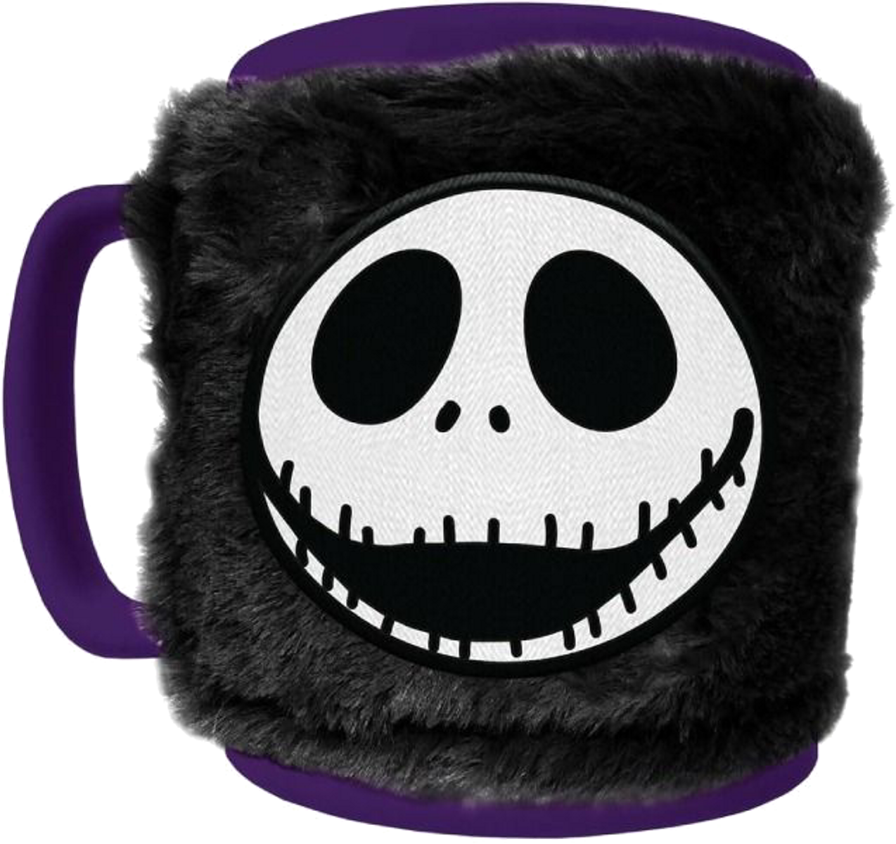Una taza con la cara de Jack Skellington en una superficie negra y esponjosa. El asa y el borde son morados.