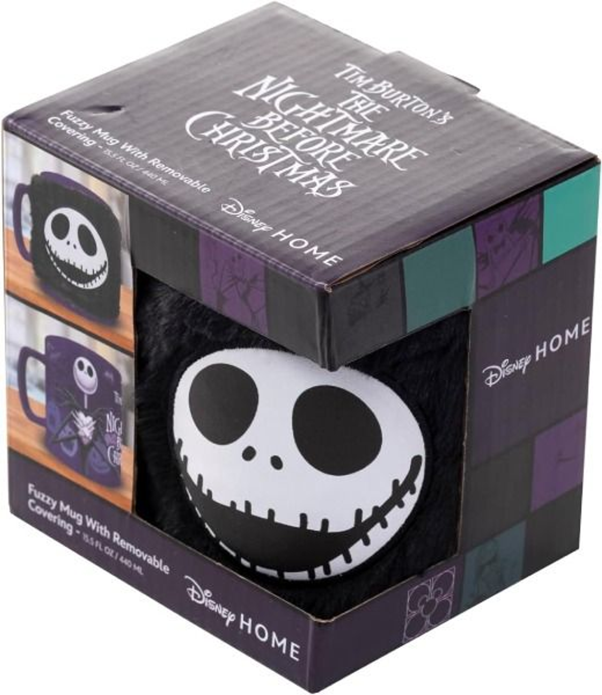 Una taza con la cara de Jack Skellington dentro de una caja. La caja tiene la marca 'Nightmare Before Christmas'.