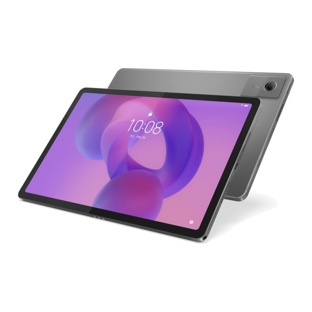 Una tableta gris que muestra la hora en la pantalla. Otra tableta gris está detrás. Ambas sobre un fondo blanco.