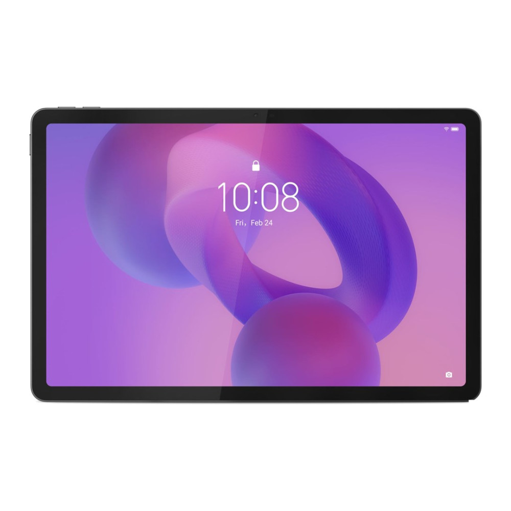 Una tableta muestra un diseño abstracto púrpura y blanco con la hora 10:08 y la fecha. Tiene un borde negro y una cámara frontal.
