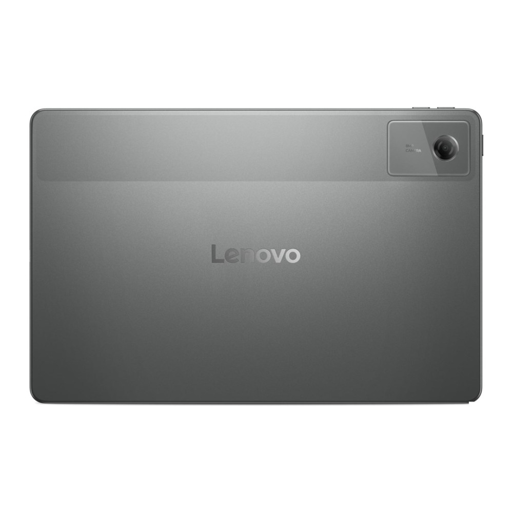 Parte trasera de una tableta Lenovo gris. Tiene una cámara en la parte superior derecha y el nombre de la marca en el centro. La superficie es lisa.