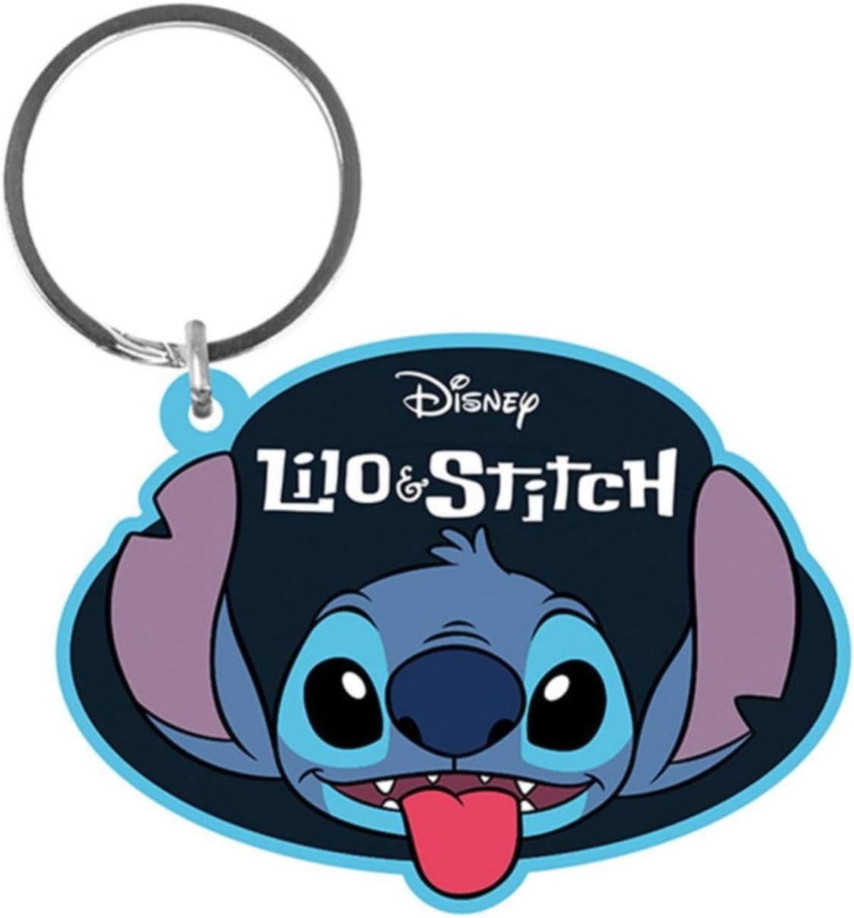 Brelok z Stitchem z Lilo & Stitch. Stitch ma niebieskie futro, duże oczy, różowy język i duże uszy. Logo Disneya powyżej.
