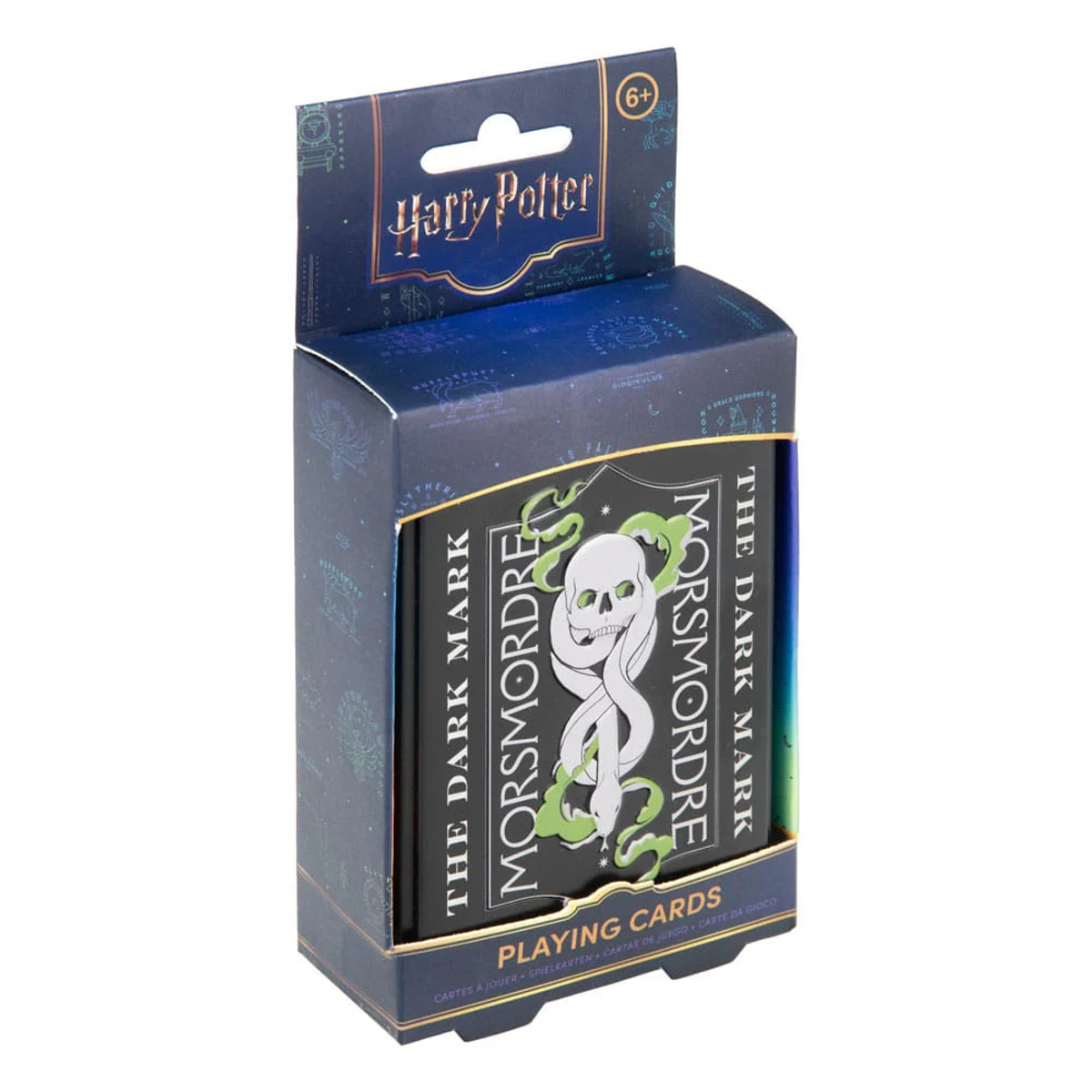 Pudełko do gry karcianej Harry Potter. Pudełko jest granatowe z napisem "The Dark Mark Morsmordre" i czaszką z wężem.