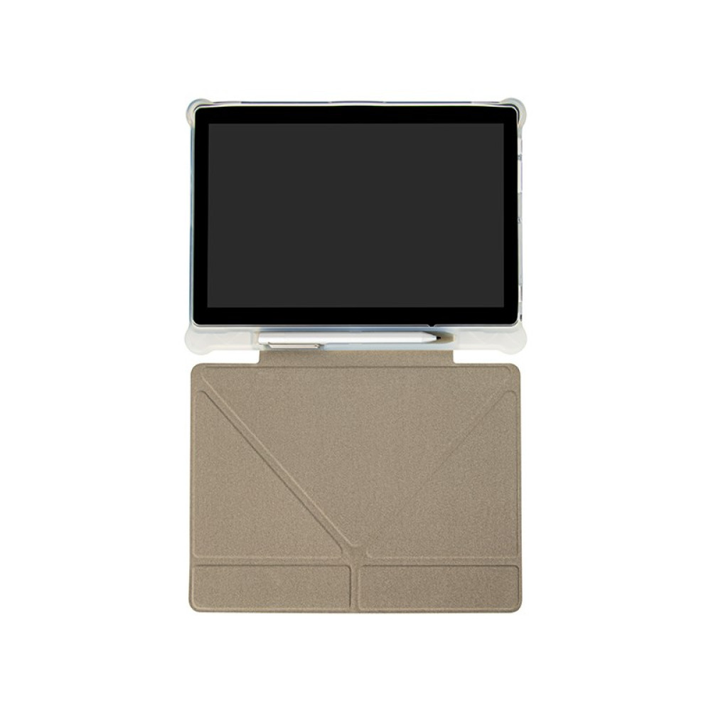 Tablet z czarnym ekranem na beżowym etui. Biały rysik pod ekranem. Tło jest białe.