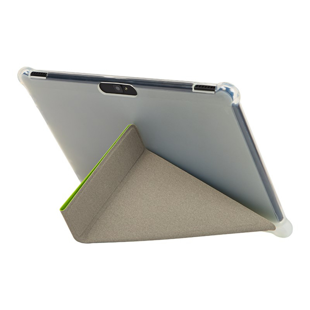 Tablet w szarej obudowie jest podparty przez stojak. Stojak jest szary z zieloną obwódką. Obudowa ma aparat.