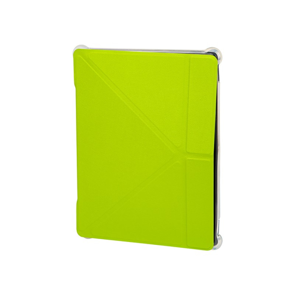 Limonkowo-zielone etui na tablet, lekko pod kątem. Ma teksturowaną powierzchnię i przezroczyste ochraniacze narożników. Tło jest białe.