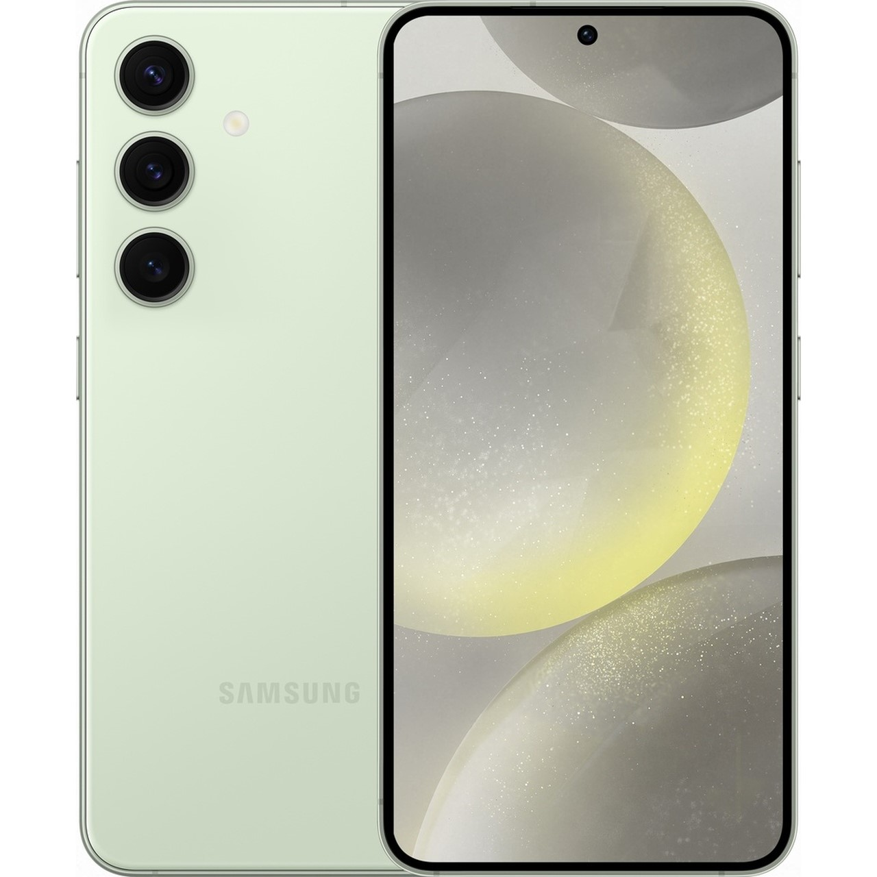 Nane yeşili bir Samsung telefon. Üç arka kamerası, ön kamerası ve soyut tasarımlı bir ekranı var.