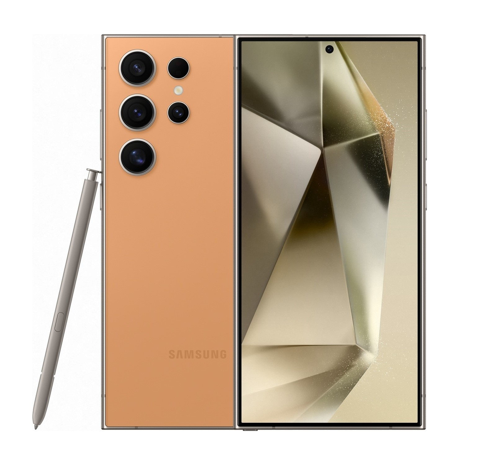 Şeftali rengi bir Samsung akıllı telefon, arka ve ekran görünür, bir kalem ve çoklu kamera lensleri.