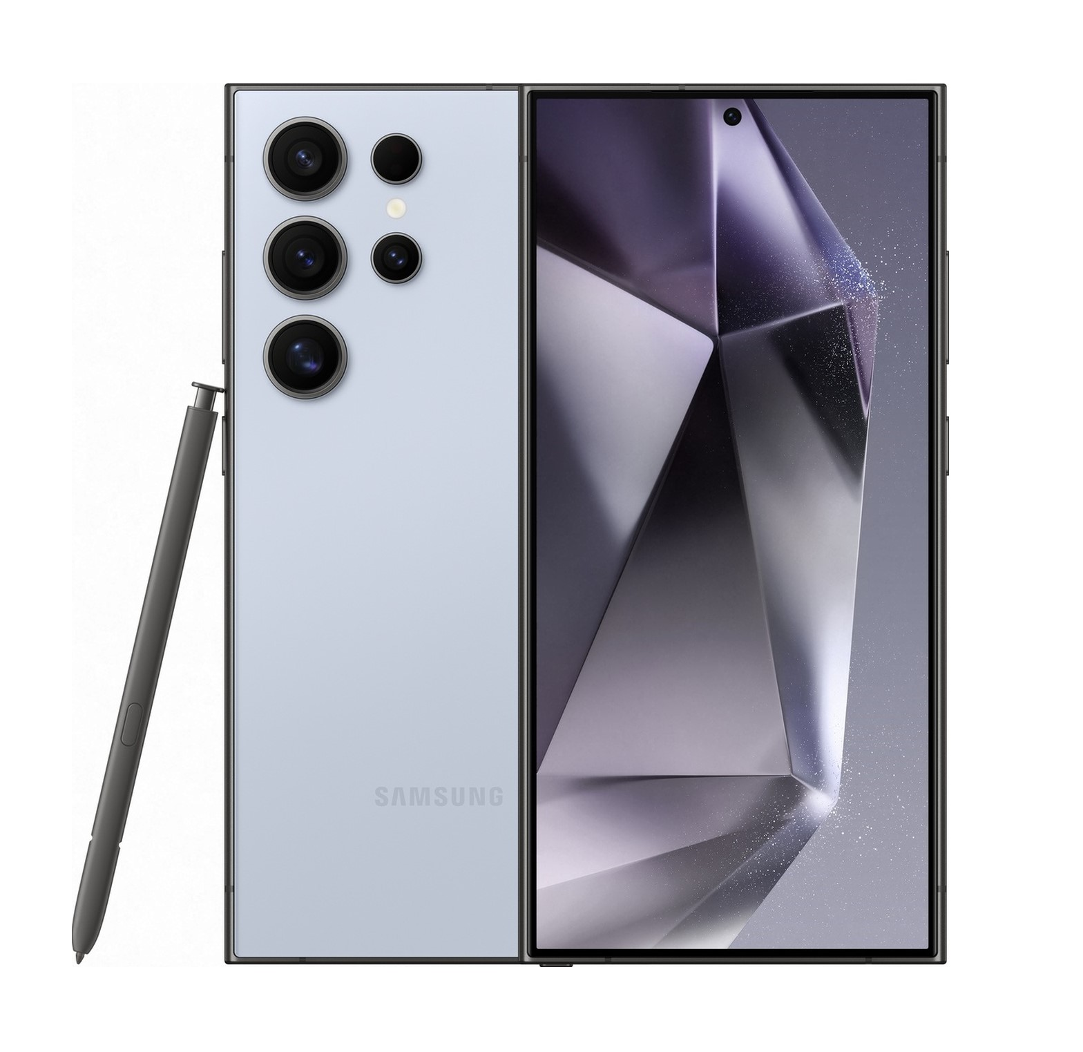 Açık mavi bir Samsung Galaxy telefon ve bir kalem. Telefonun ön ve arka yüzü gösteriliyor. Ekranda soyut bir görüntü var.