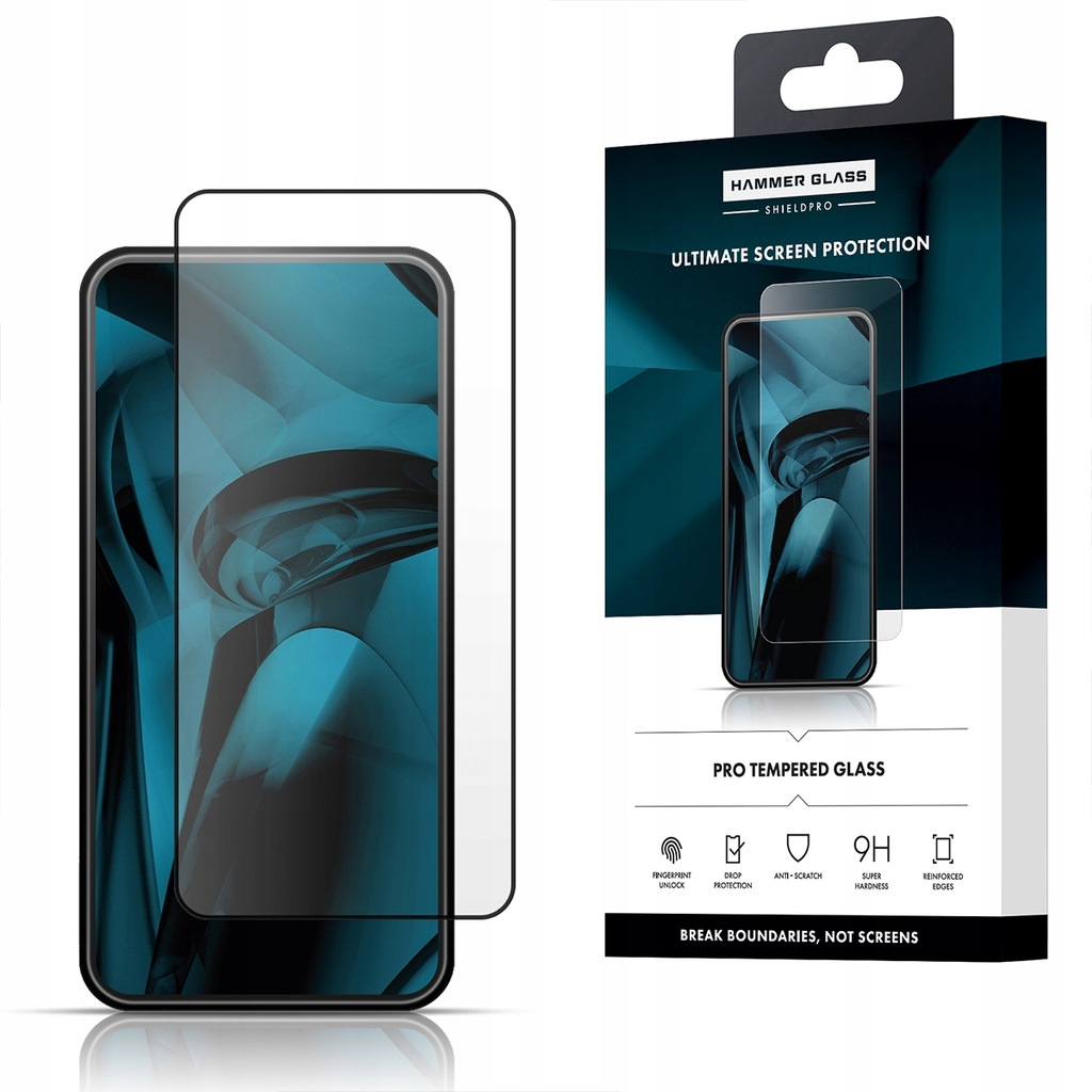 Pokazano osłonę ekranu telefonu i jej pudełko. Na pudełku reklamowana jest maksymalna ochrona ekranu, odporność na zarysowania i wzmocnione krawędzie.