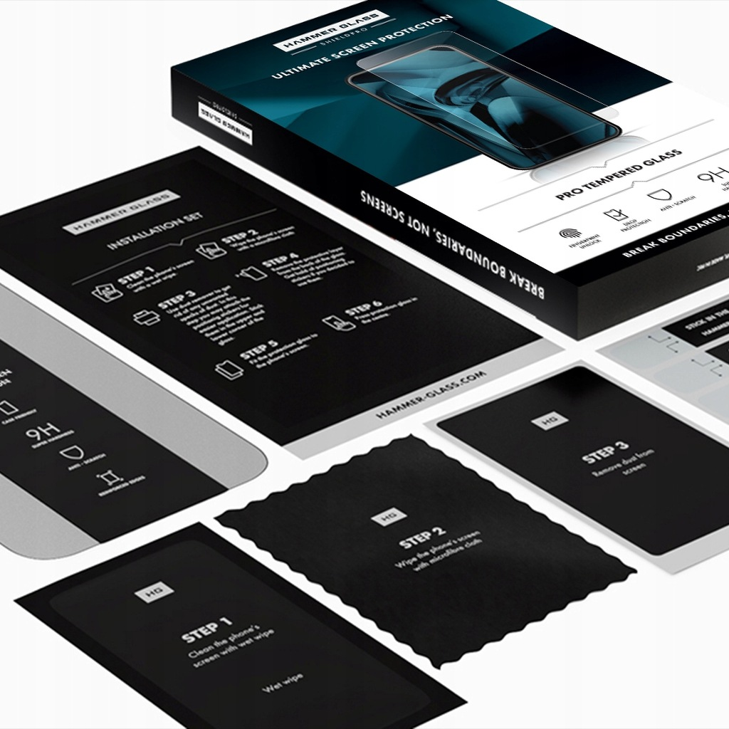 Zestaw ochraniacza ekranu telefonu. Zawiera pudełko, instrukcję instalacji, chusteczki i ściereczkę z mikrofibry.