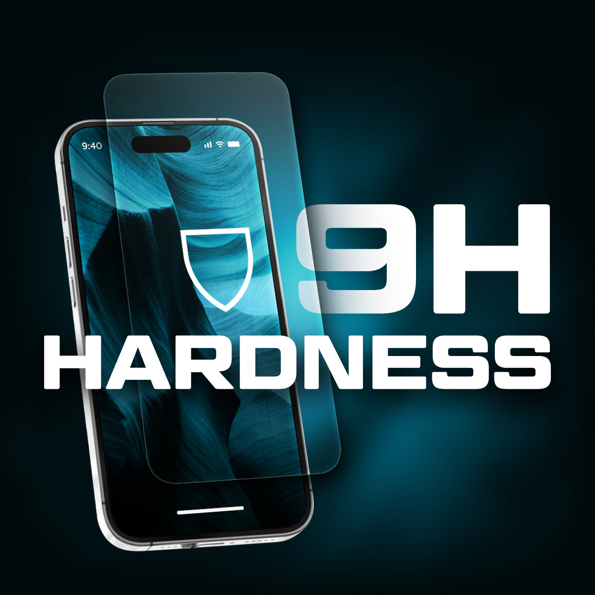 Smartfon z ochraniaczem ekranu, tekstem 9H HARDNESS i grafiką tarczy. Tło jest turkusowe.