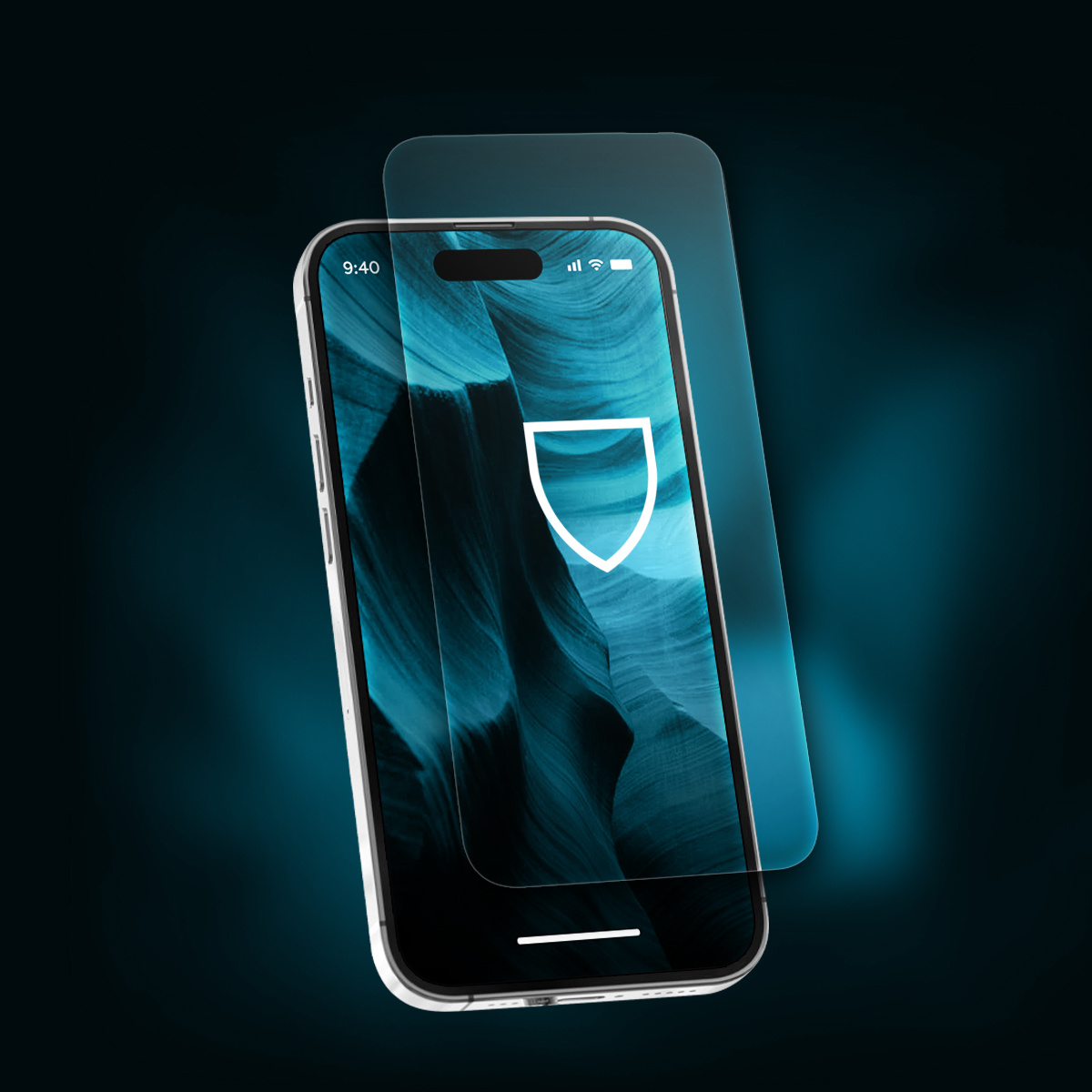 Smartfon z ochraniaczem ekranu. Ekran pokazuje ikonę tarczy na niebieskim tle abstrakcyjnym. Telefon jest na ciemnym tle.