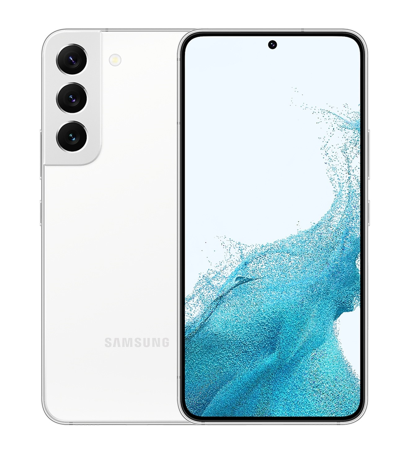 Beyaz bir Samsung akıllı telefon, ön ve arka yüzü gösteriyor. Arkada kameralar ve Samsung logosu var. Ekran mavi bir tasarıma sahip.