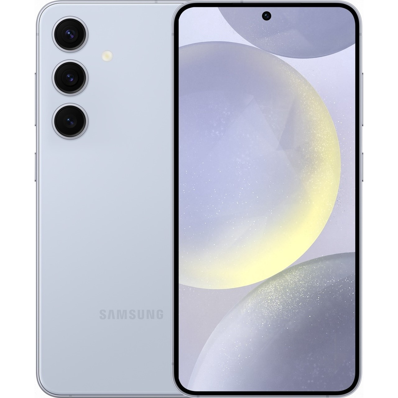 Açık mavi bir Samsung akıllı telefon, ön ve arka tarafı gösteriyor. Arkada üç kamera var. Ekran bulanık, soyut bir tasarım sergiliyor.