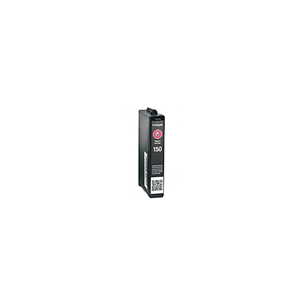 Una cartuccia di inchiostro Lexmark 150 in posizione verticale su sfondo bianco. È nera con dettagli rossi, con il numero '150'.