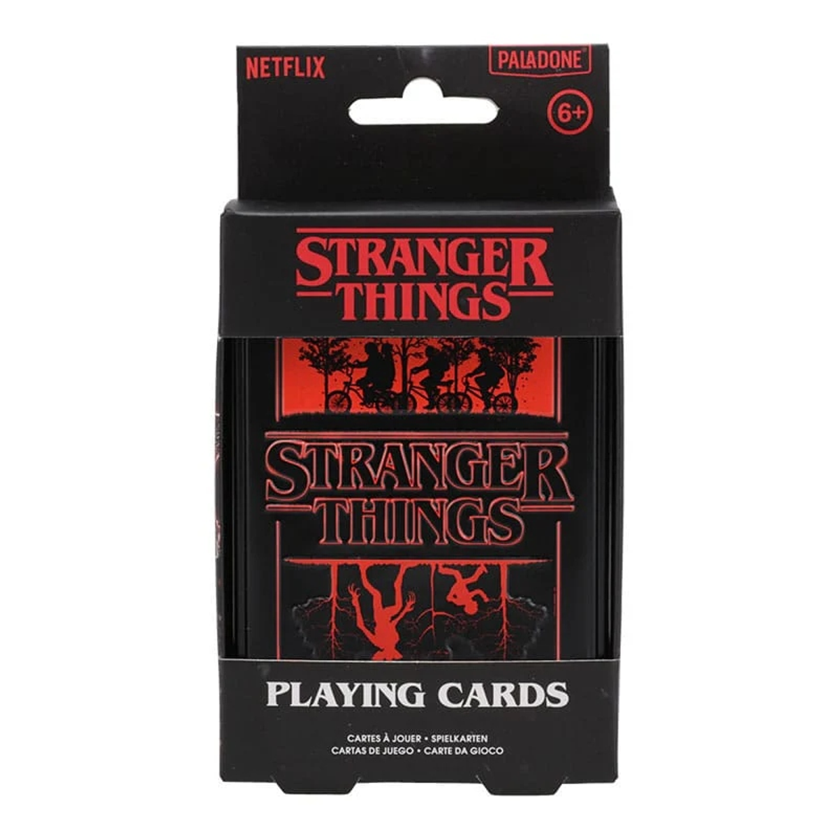 Pudełko kart do gry Stranger Things. Czarne pudełko z czerwonym logo Stranger Things i obrazami. Widoczne loga Netflix i Paladone.