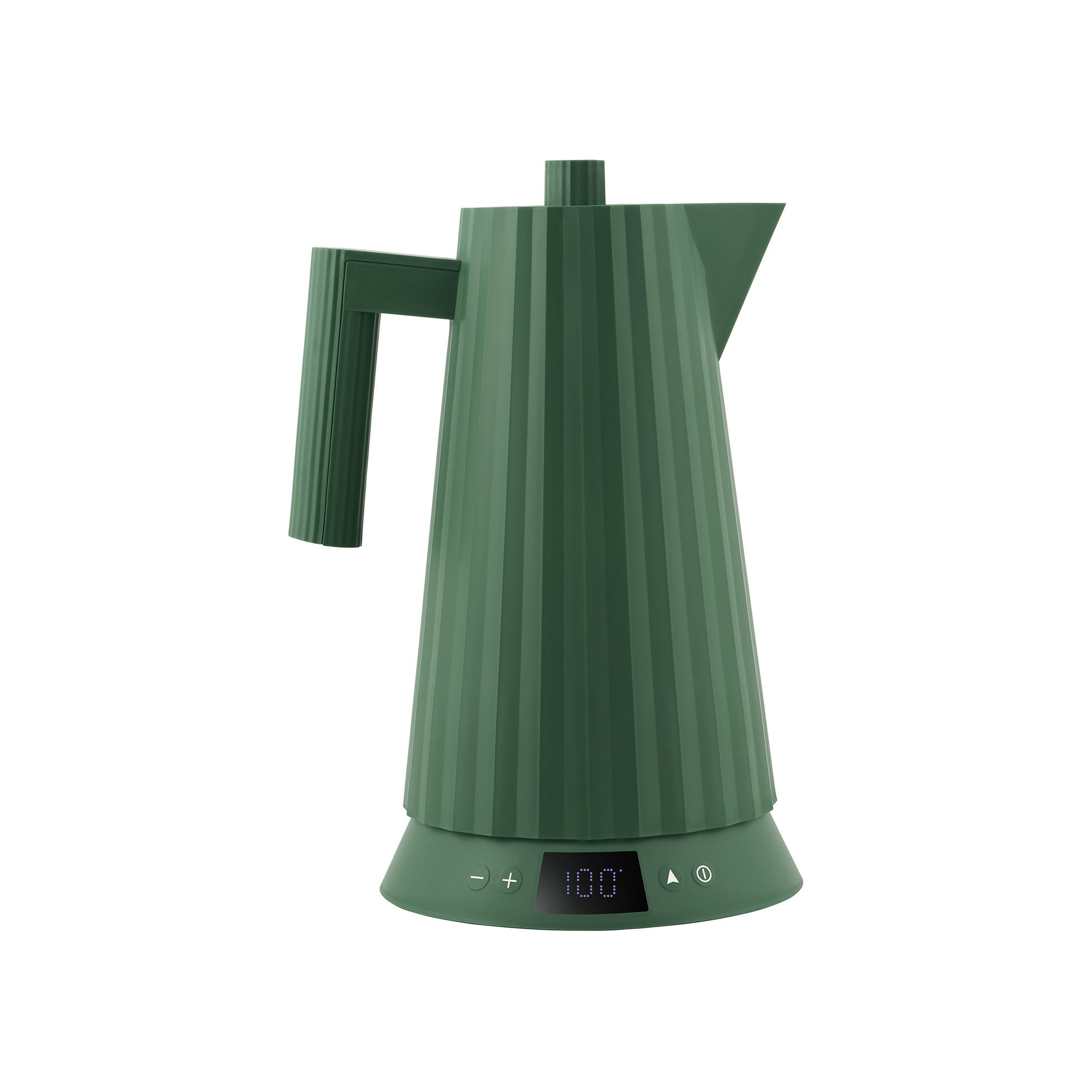 Un bollitore elettrico verde con display digitale che mostra 100. Ha un manico e un beccuccio.