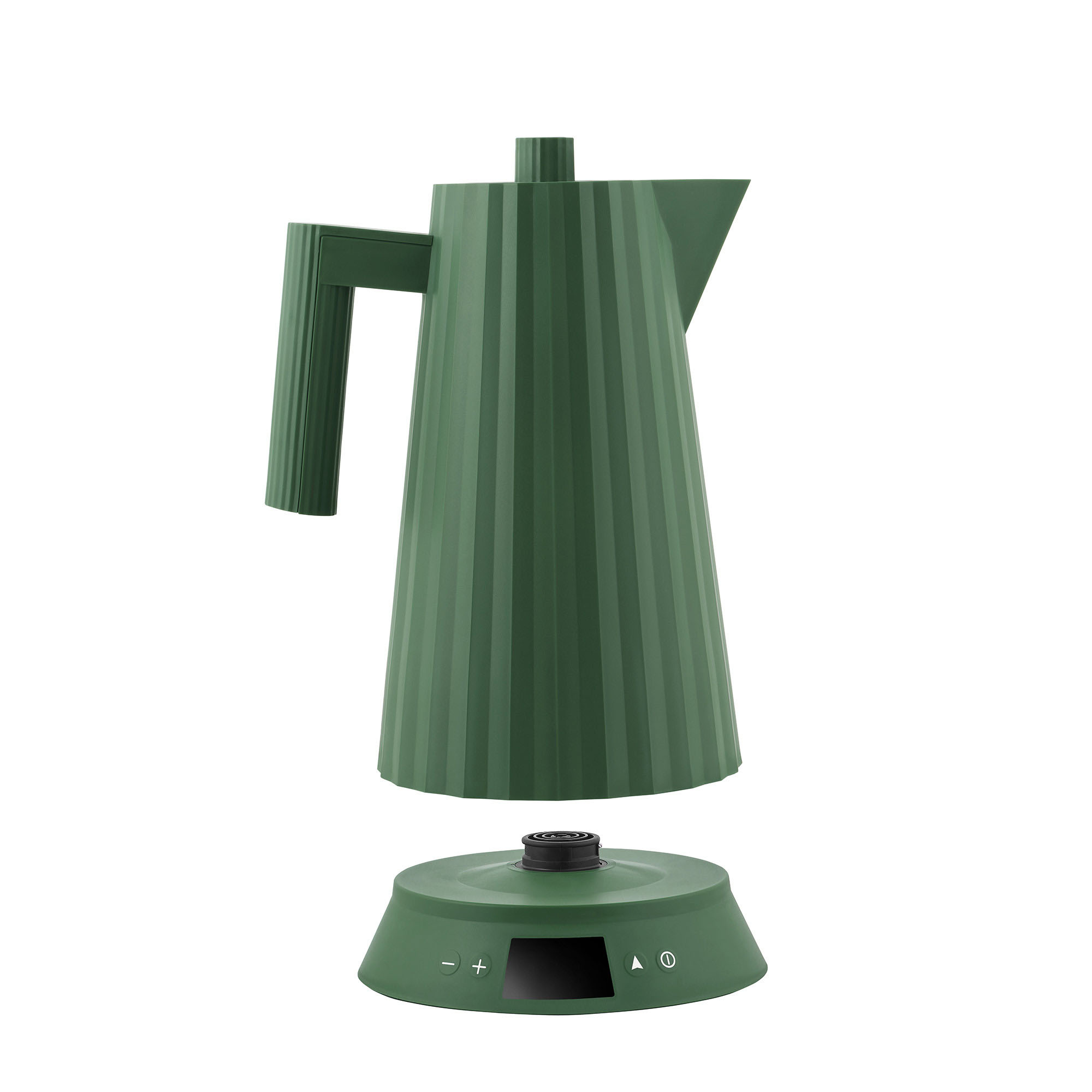 Un bollitore elettrico verde, in due parti, con un design a coste. La base ha controlli, un pulsante più e meno.