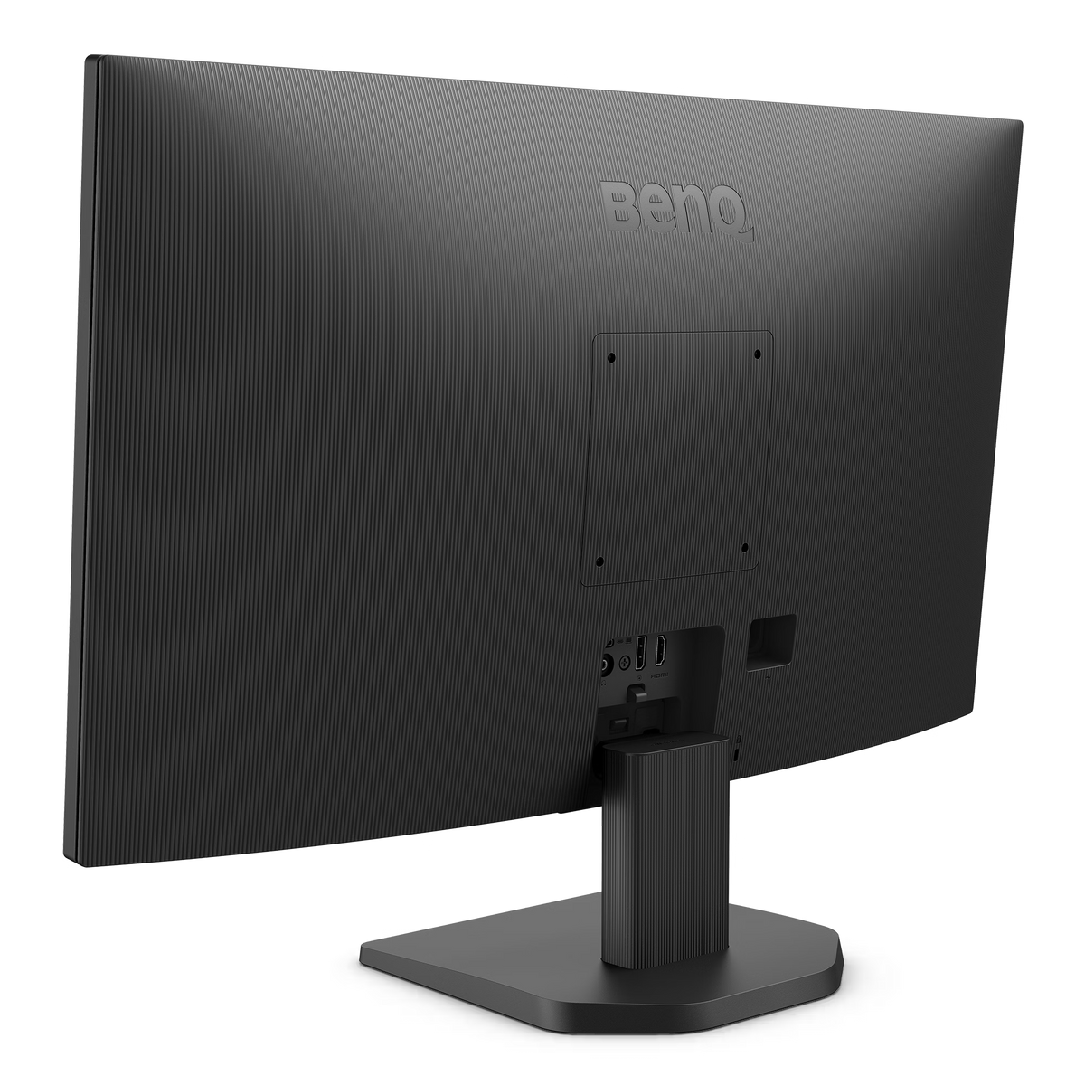 Rückansicht eines schwarzen BenQ-Monitors. Er hat eine strukturierte Oberfläche mit Anschlüssen und einem Ständer. Das BenQ-Logo ist sichtbar.