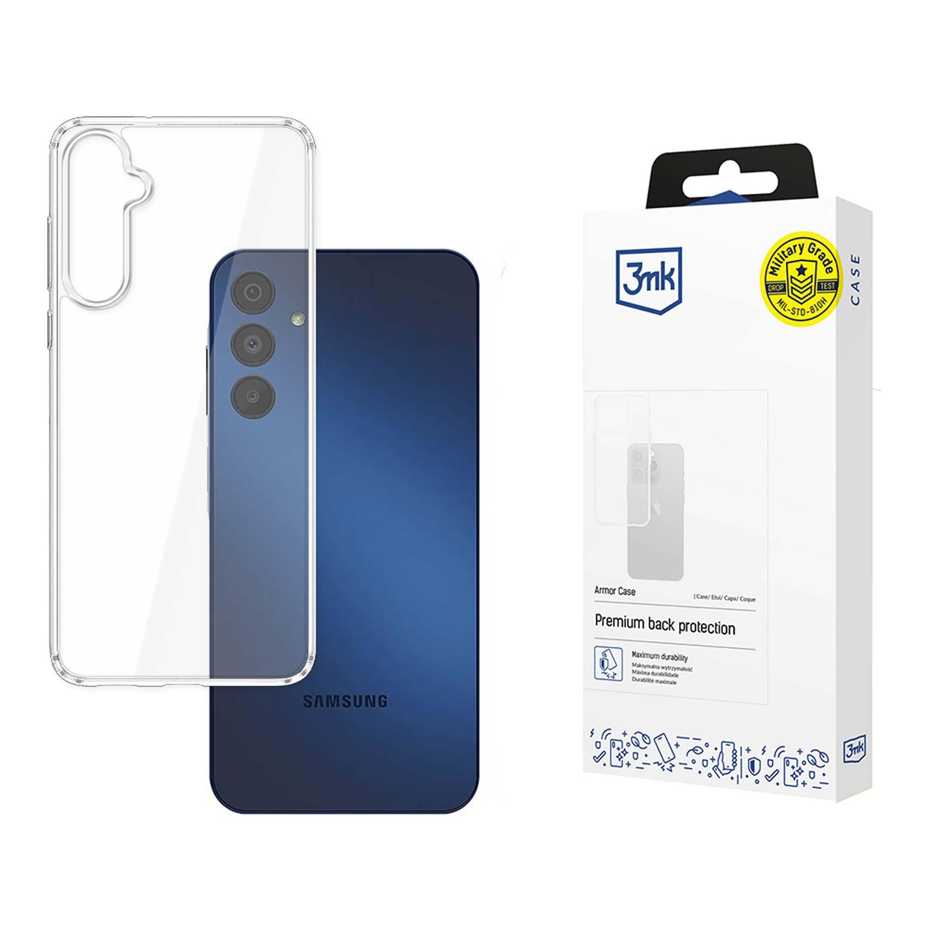 Un telefono e una custodia trasparente sono mostrati accanto alla scatola. Il telefono è blu. La scatola pubblicizza le caratteristiche della custodia.