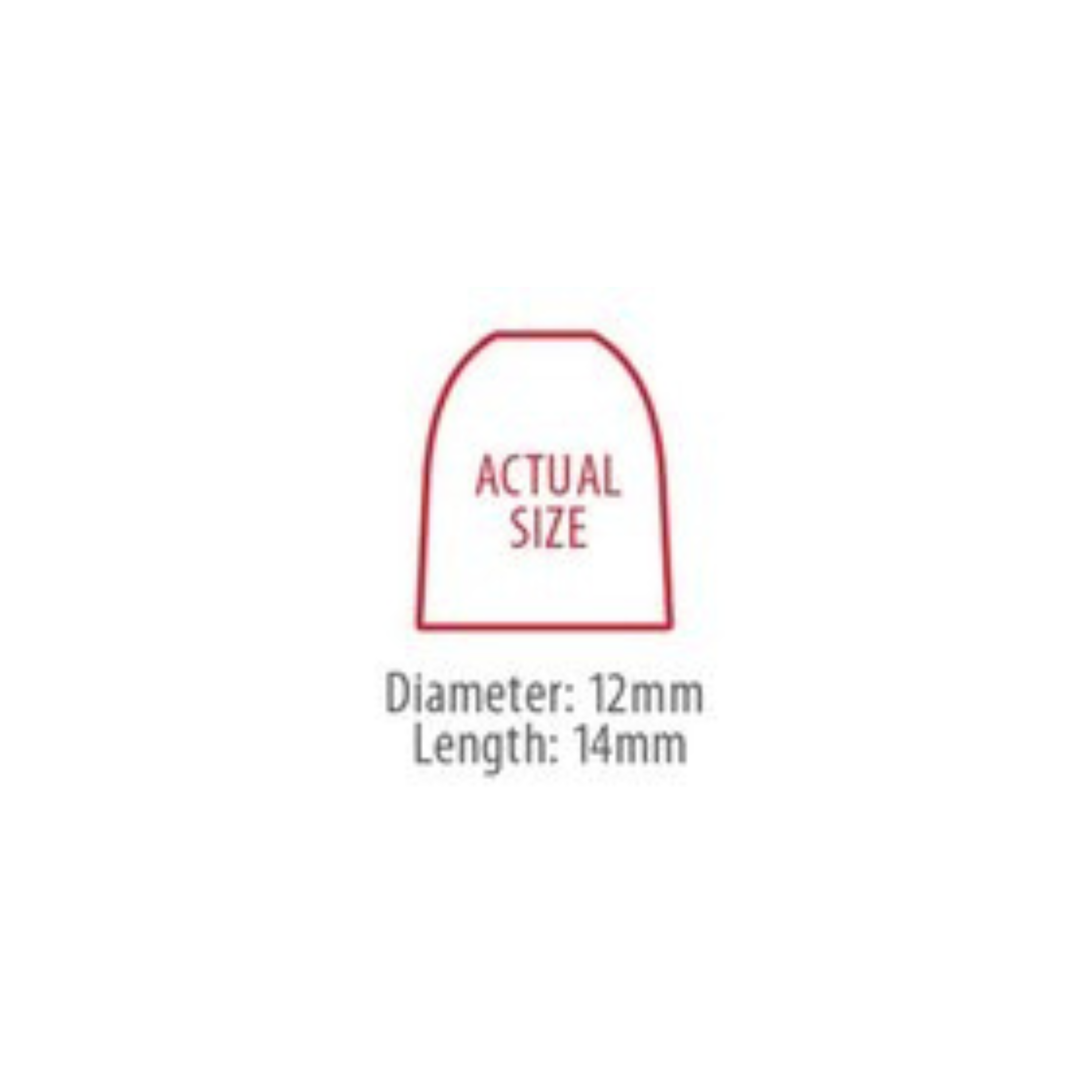 Afbeelding toont rode omtrek van een dop met tekst 'ACTUAL SIZE'. Afmetingen: 12mm diameter, 14mm lengte.