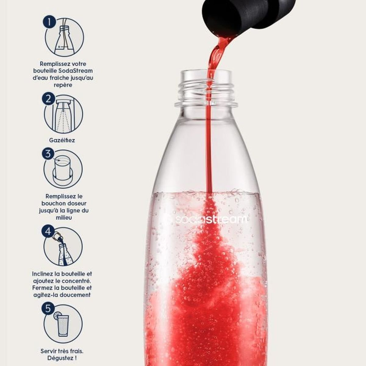 Eine klare Flasche wird mit roter Flüssigkeit aus einem schwarzen Ausguss gefüllt. Anweisungen zum Befüllen einer SodaStream-Flasche werden gezeigt.