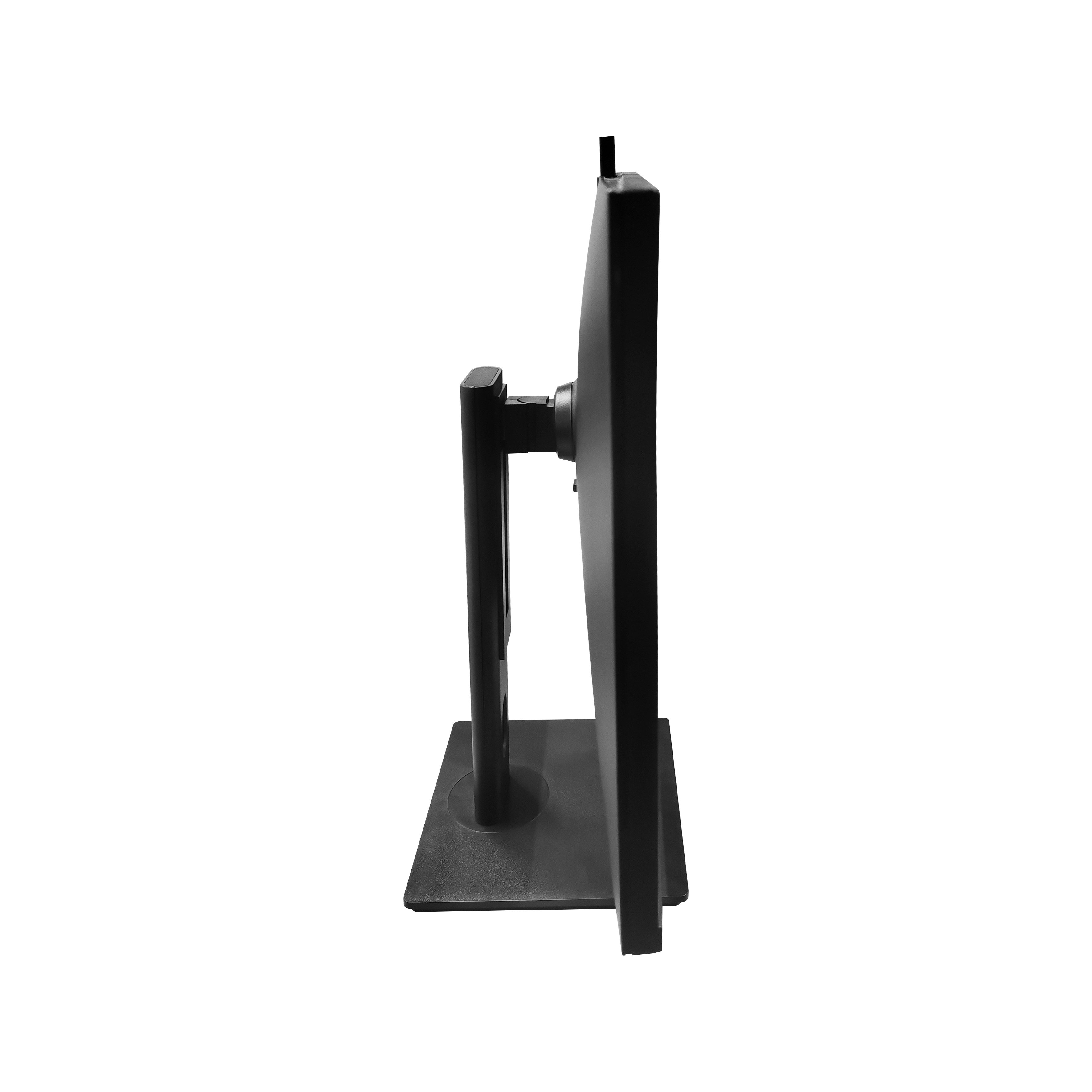 Vista laterale di un monitor nero. Lo schermo è scuro, con un supporto nero su sfondo bianco.
