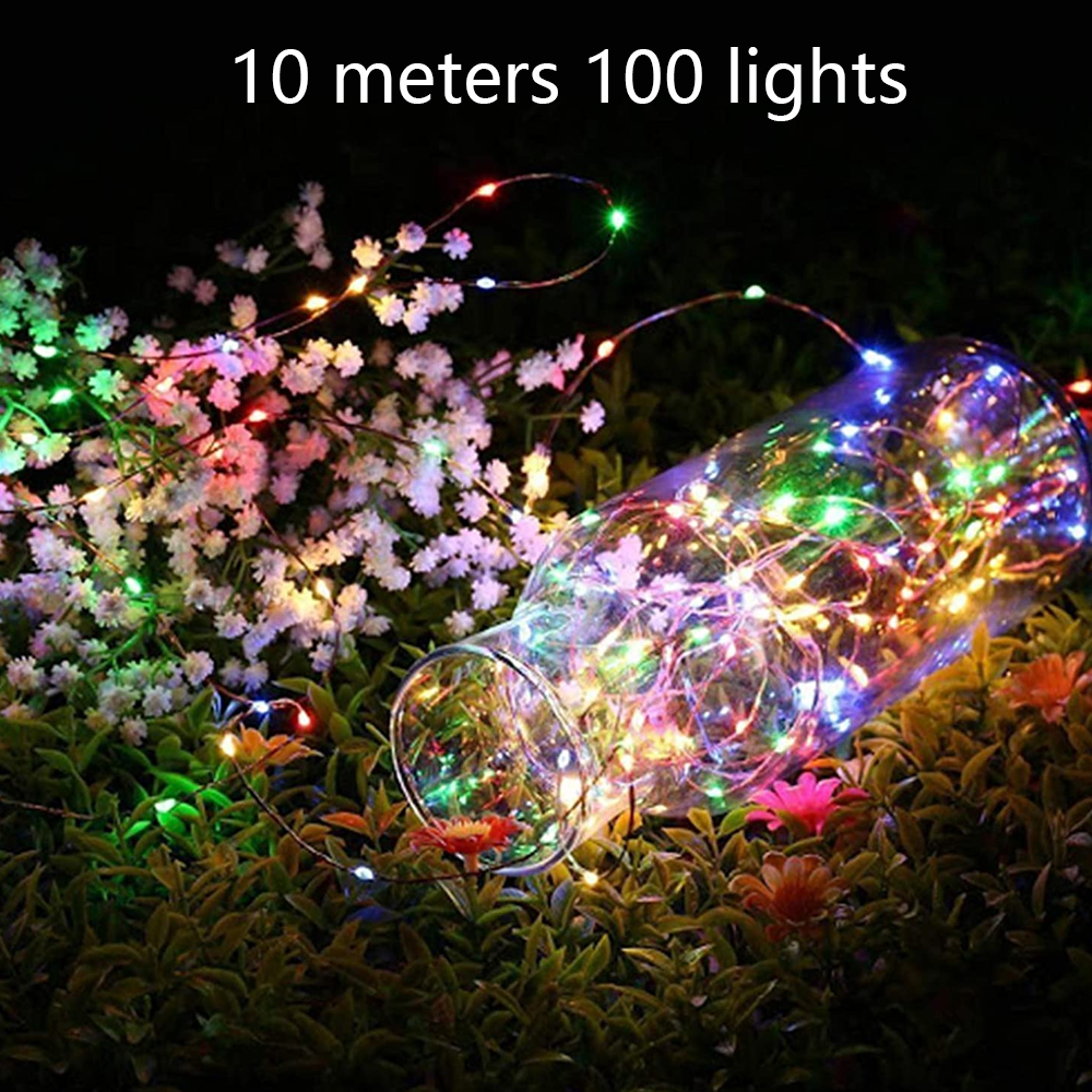 Eine Glasvase mit bunten Lichtern steht auf grünem Gras mit Blumen und weißen Blumen drumherum. Oben steht '10 Meter 100 Lichter'.