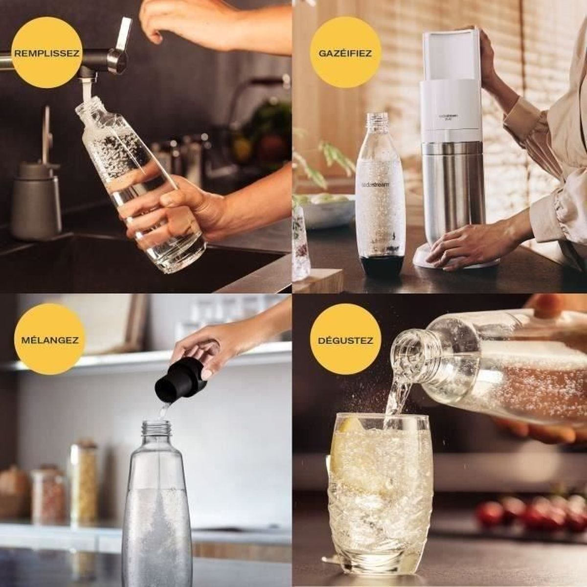 Schritte zur Herstellung von Sprudelwasser: füllen, karbonisieren, mischen und genießen. Hände zeigen Wasserflasche, Maschine und Glas.