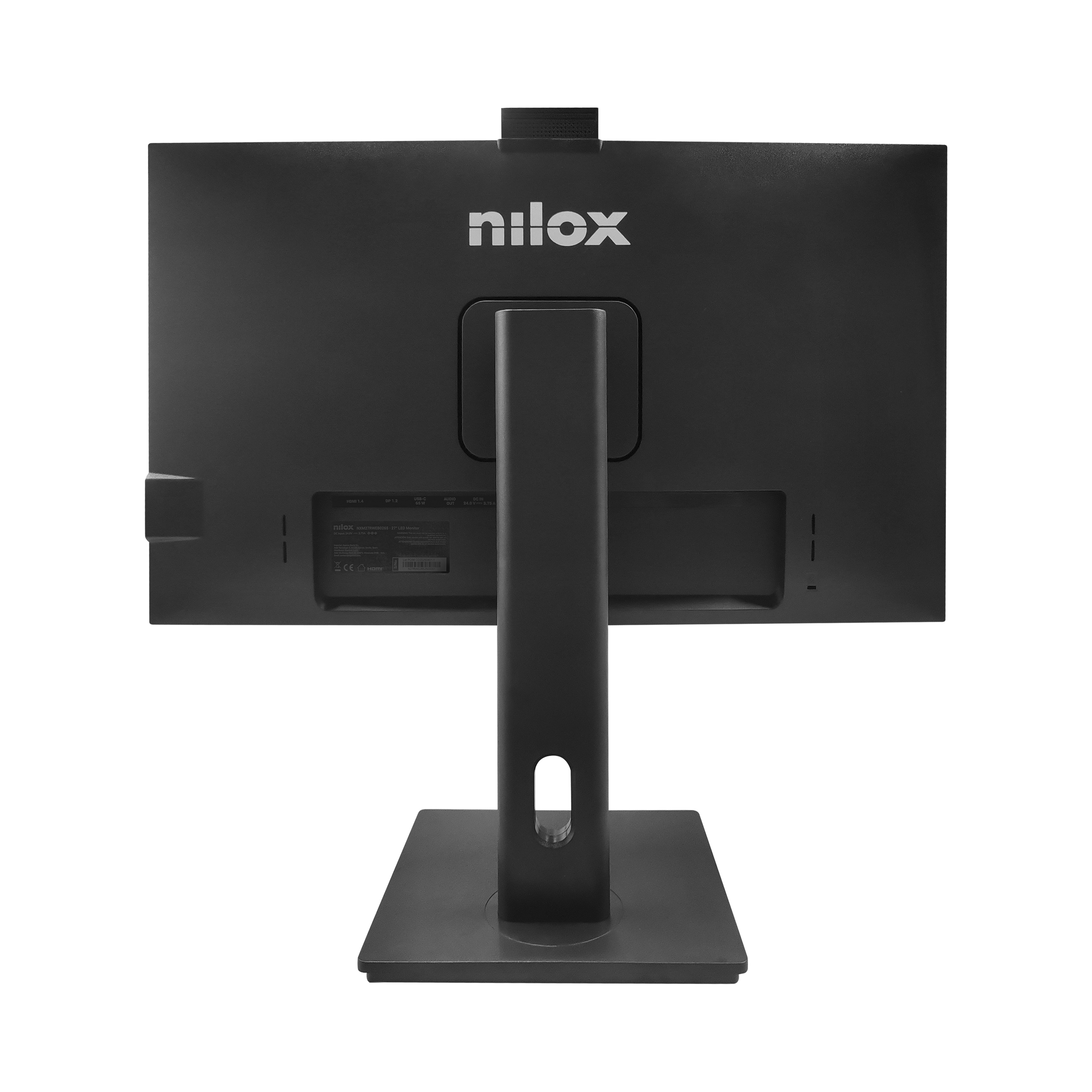 Un monitor per computer nero, con il marchio 'nilox' sul retro, è visualizzato su uno sfondo bianco.