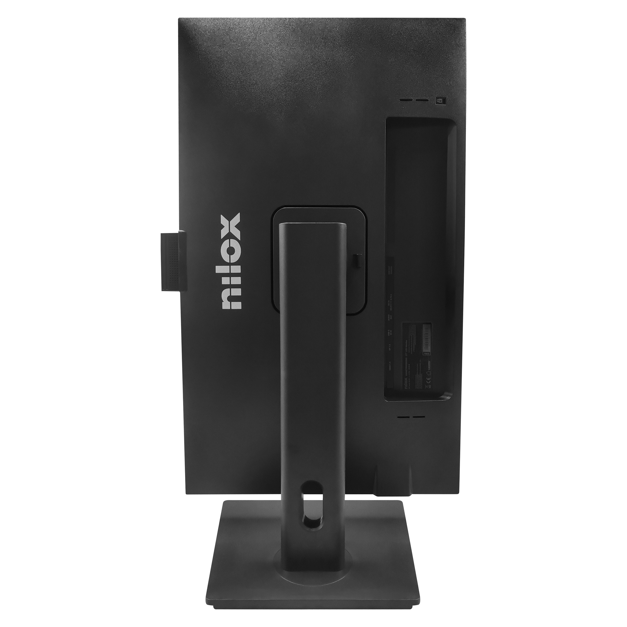 Vista posteriore di un monitor Nilox nero su sfondo bianco, con supporto, porte e logo.