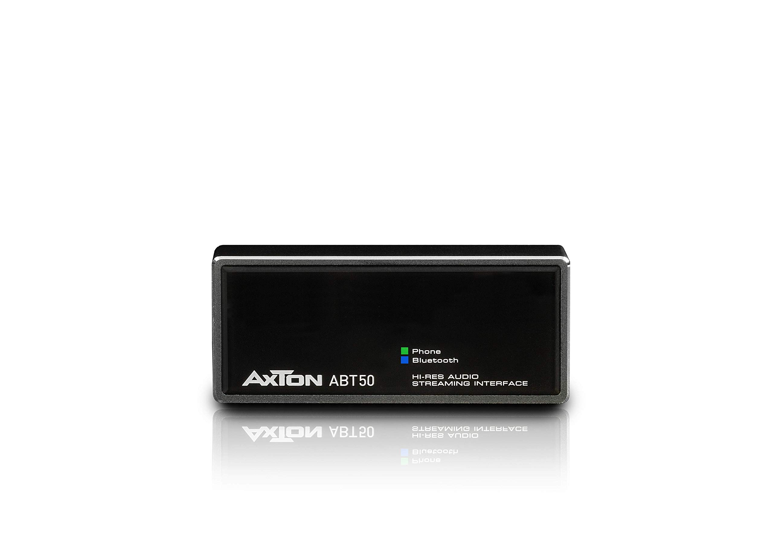 Schwarzes Axton ABT50 Hi-Res Audio-Streaming-Interface. Telefon- und Bluetooth-Anzeigen sind sichtbar. Weißer Hintergrund.