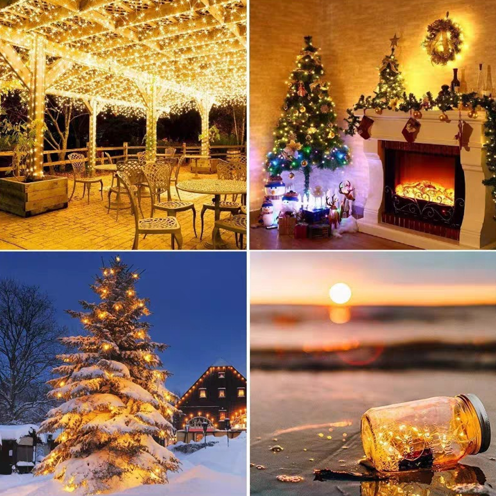Vier Bilder: Café im Freien mit Lichtern, geschmückter Weihnachtsbaum, verschneiter Baum mit Lichtern, Glas mit Lichtern am Strand.