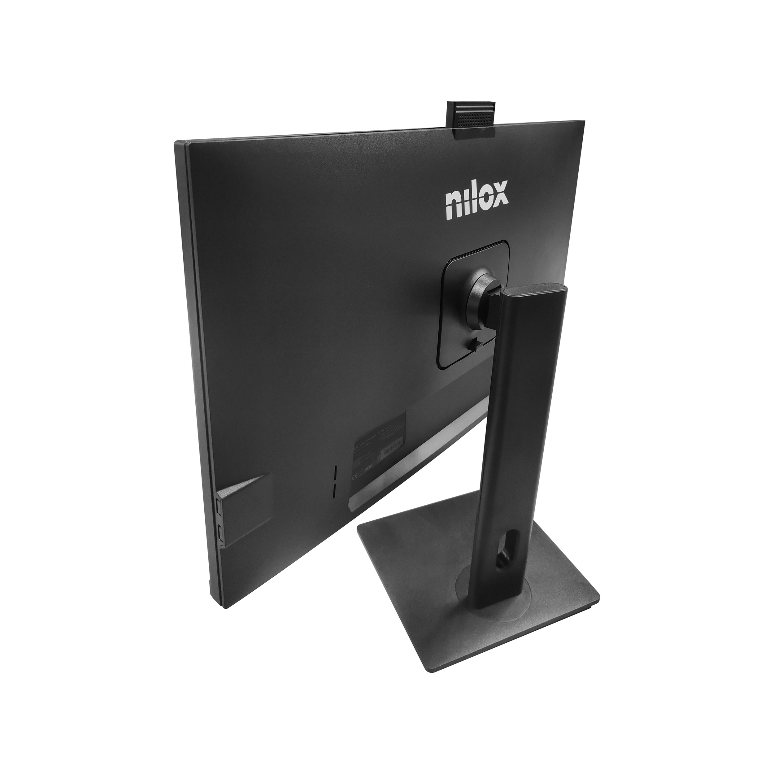 Un monitor per computer nero con il marchio 'nilox' è mostrato dal retro. Ha un supporto.