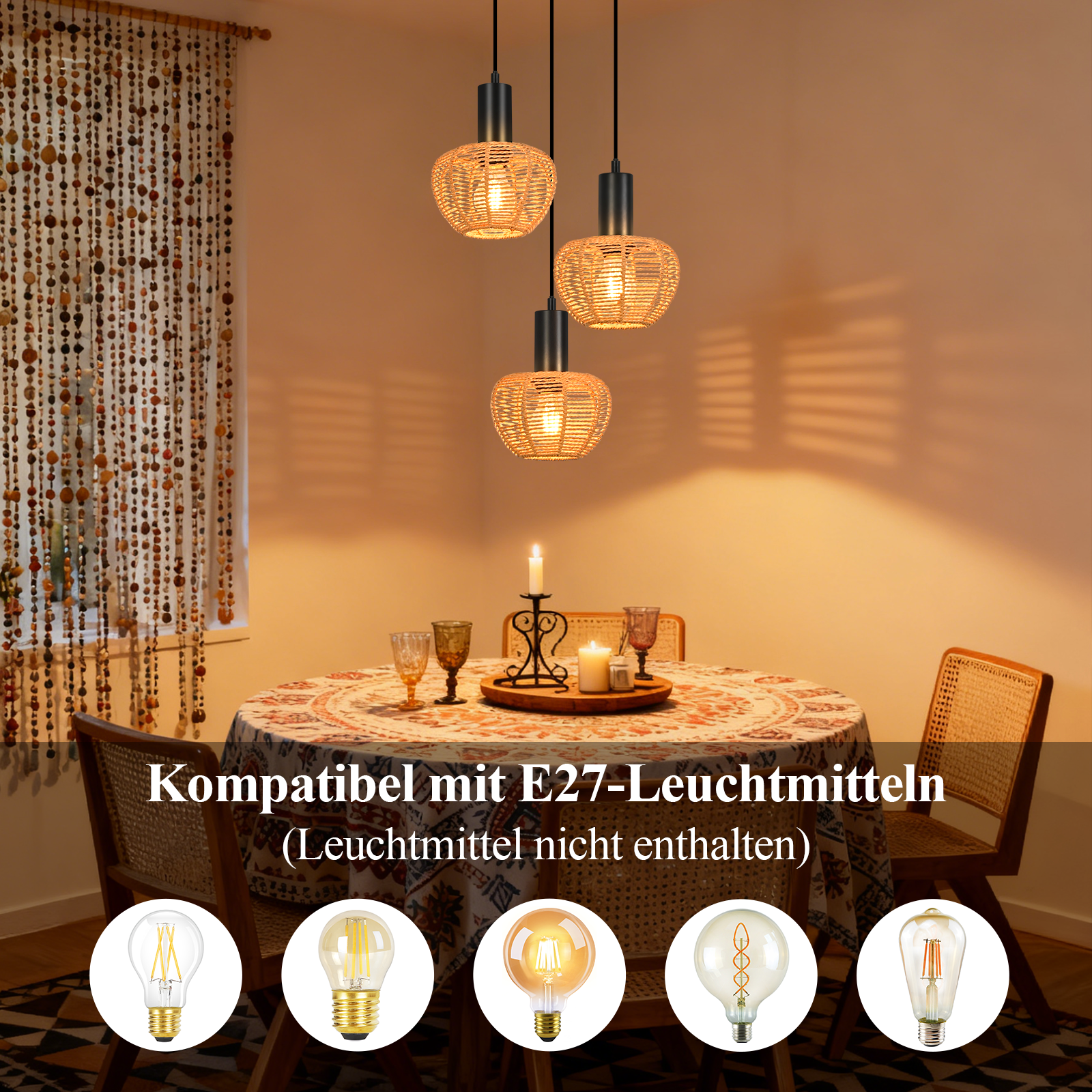 Jadalnia z wiszącymi lampami, stół dla dwojga i różne żarówki pod tekstem. Scena jest ciepła.