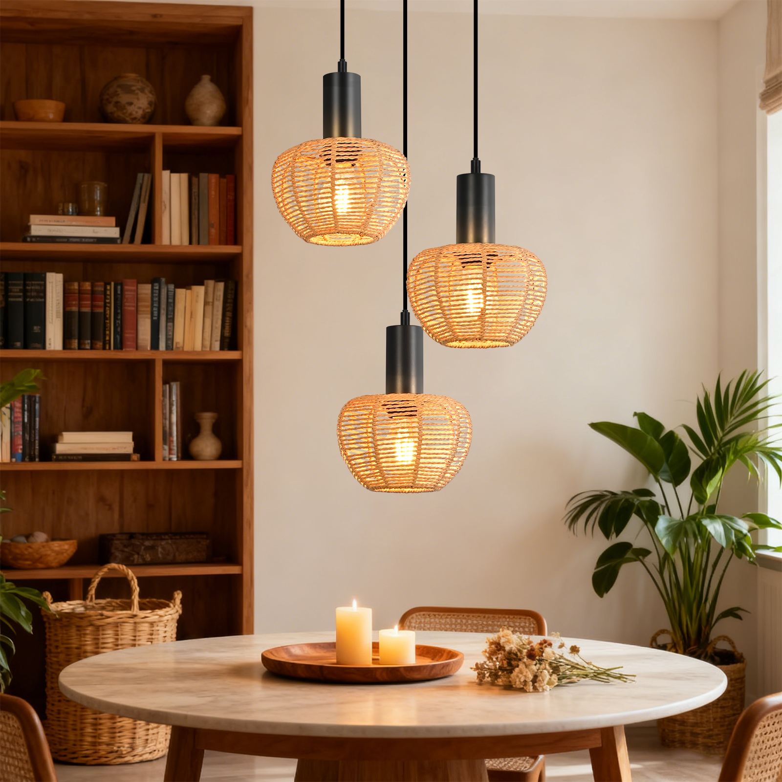 Trzy wiklinowe lampy wiszą nad stołem ze świecami. Regał i rośliny w tle. Ciepłe, zachęcające oświetlenie.