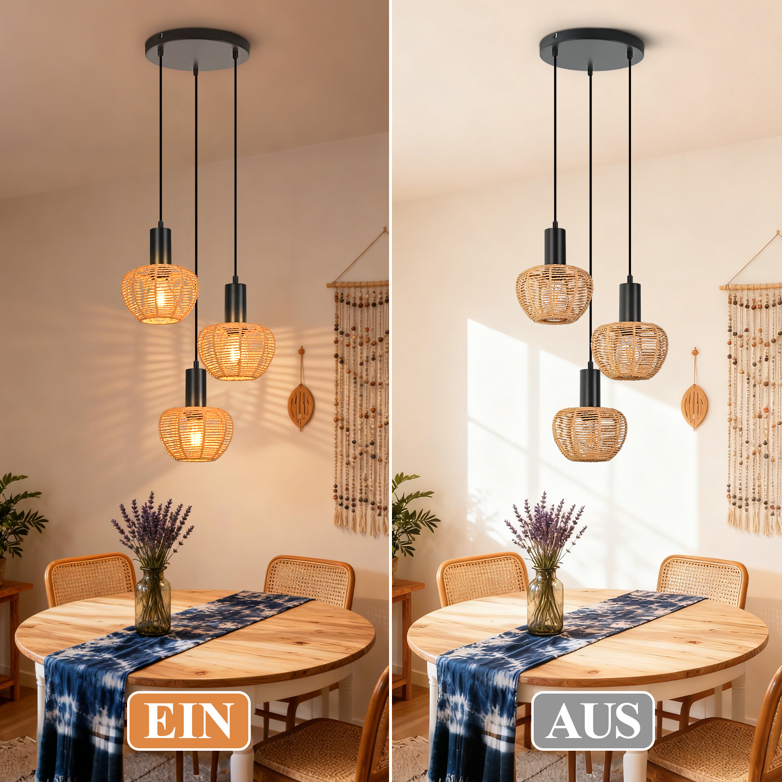 Jadalnia z trzema lampami wiszącymi. Stół z niebieskim bieżnikiem, kwiatami i krzesłami. Dekoracja ścienna w tle.