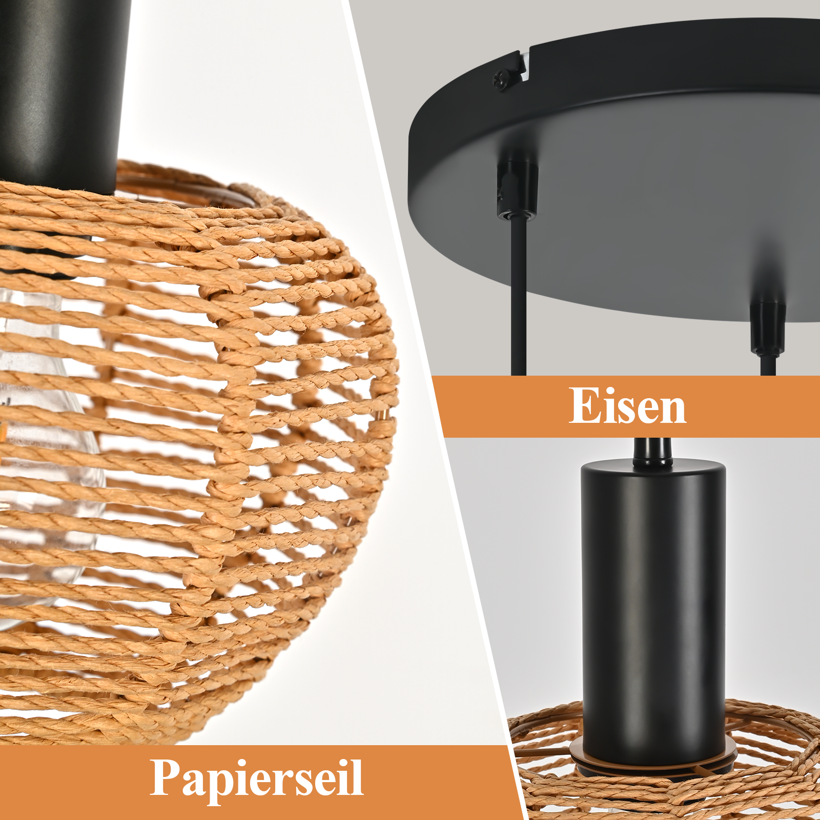 Zbliżenie lampy z plecionym abażurem z papierowej liny i czarnym metalowym wspornikiem. Tło jest białe.