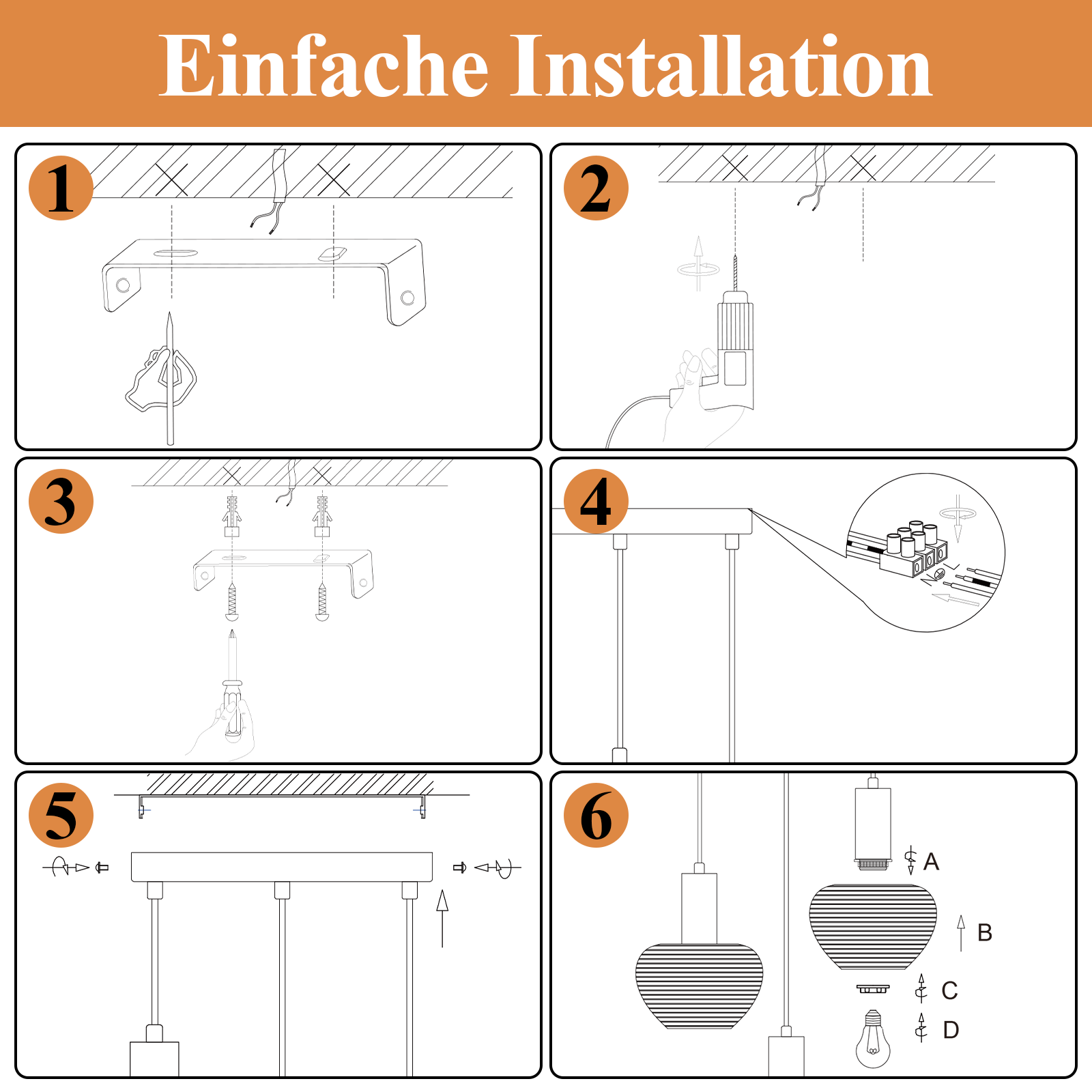 Schemat instrukcji. Kroki 1-6 pokazują instalację lampy sufitowej za pomocą narzędzi, przewodów i komponentów.