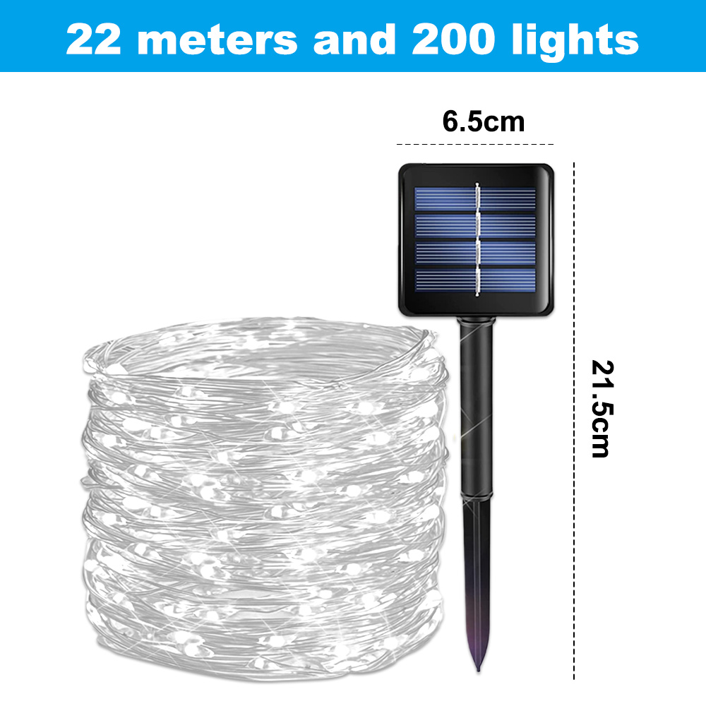 Das Bild zeigt Solarlichter mit Abmessungen. Links ist eine Lichterkette. Rechts ist ein Solarpanel.
