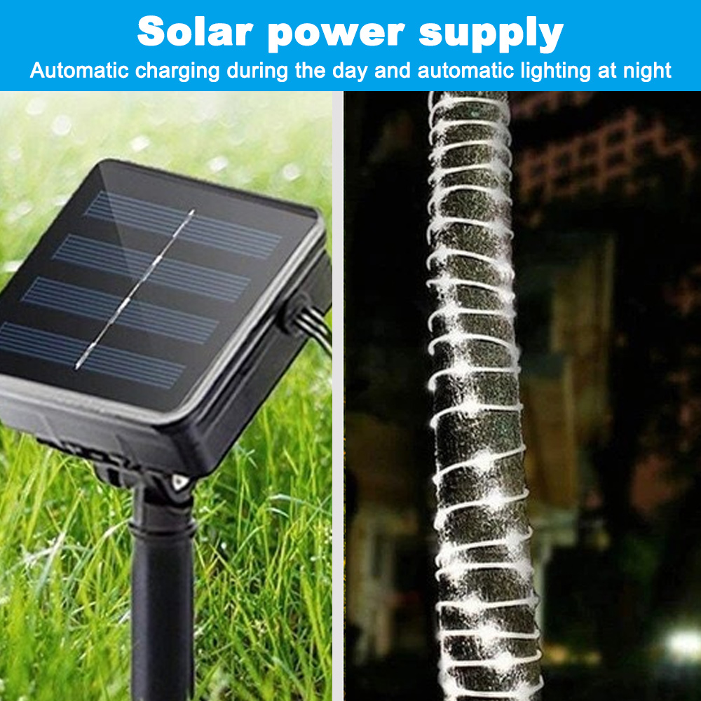 Solarpanel auf Gras. Rechte Seite zeigt eine Stange mit Lichtern. Blauer Text: Solarstromversorgung. Automatisches Laden am Tag.