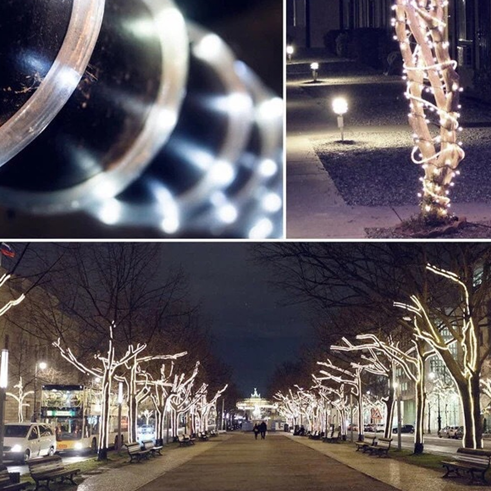 Das Bild zeigt Nahaufnahmen von Lichtern, einen mit Lichtern umwickelten Baum und eine Straße mit beleuchteten Bäumen bei Nacht. Menschen gehen den Weg entlang.