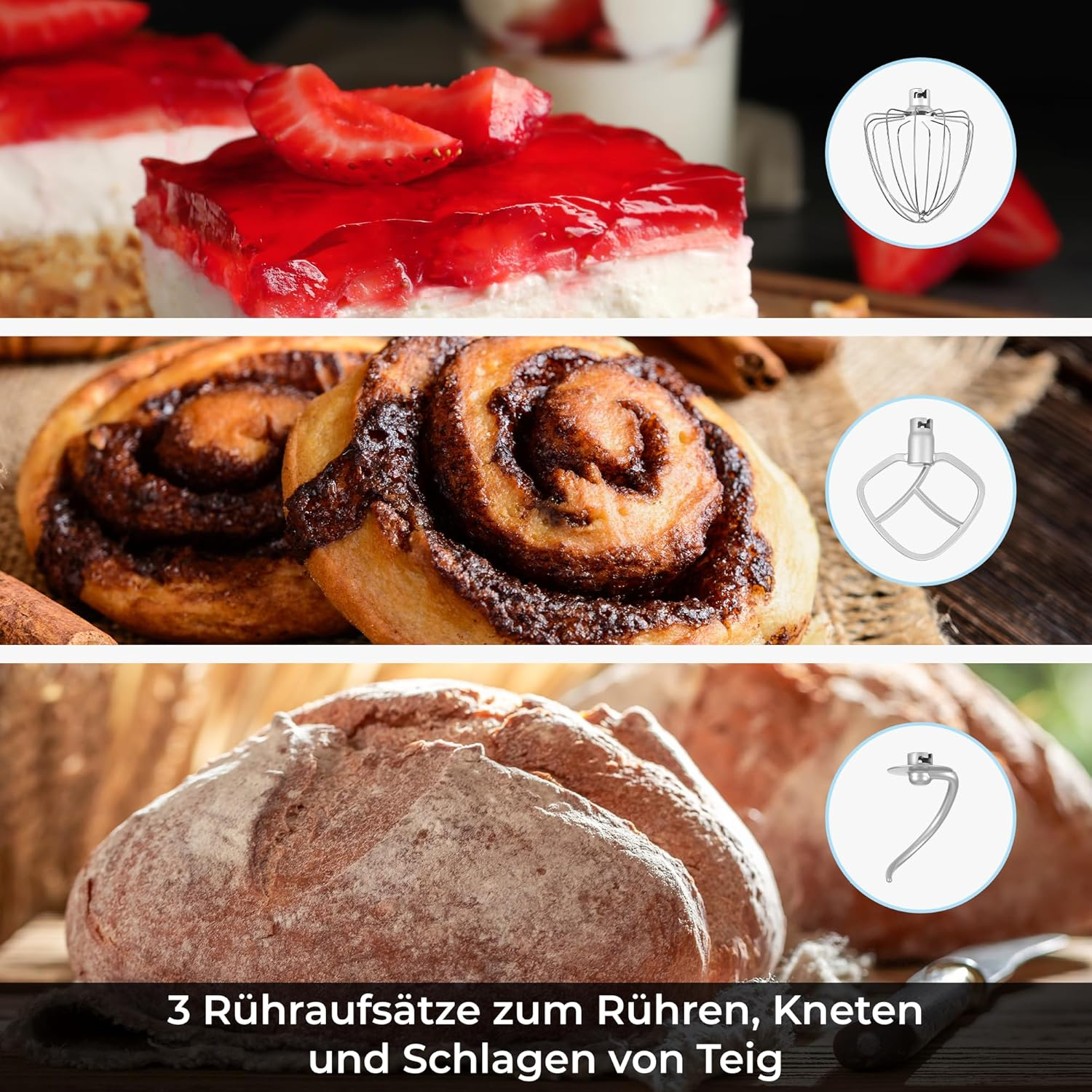 Das Bild zeigt Desserts, Zimtschnecken, Brot und Mixeraufsätze. Der Text lautet: "3 Aufsätze zum Rühren, Kneten und Schlagen von Teig."