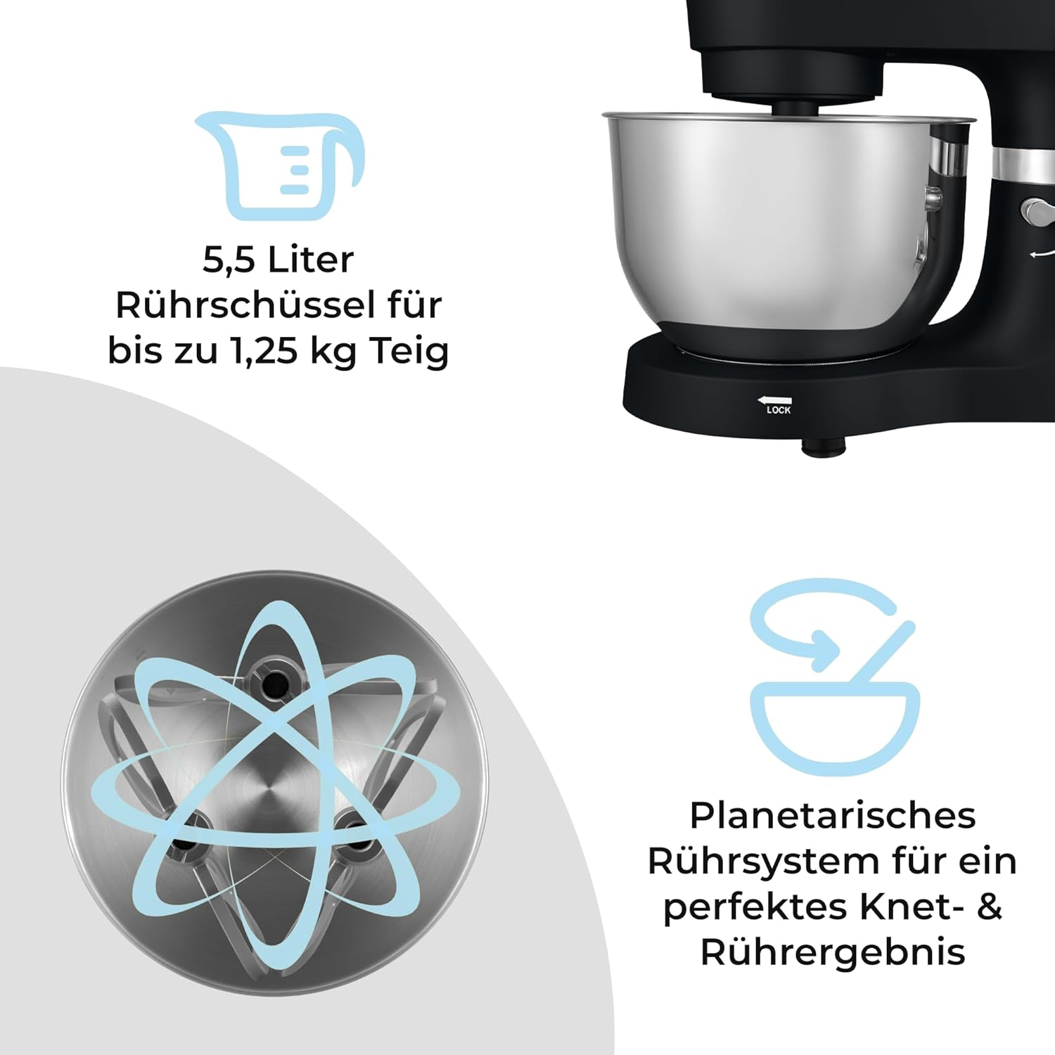 Ein schwarzer und silberner Küchenmixer wird gezeigt. Er hat eine Schüssel und Merkmale. Grafiken zeigen Schüsselgröße und Planetenrührsystem.
