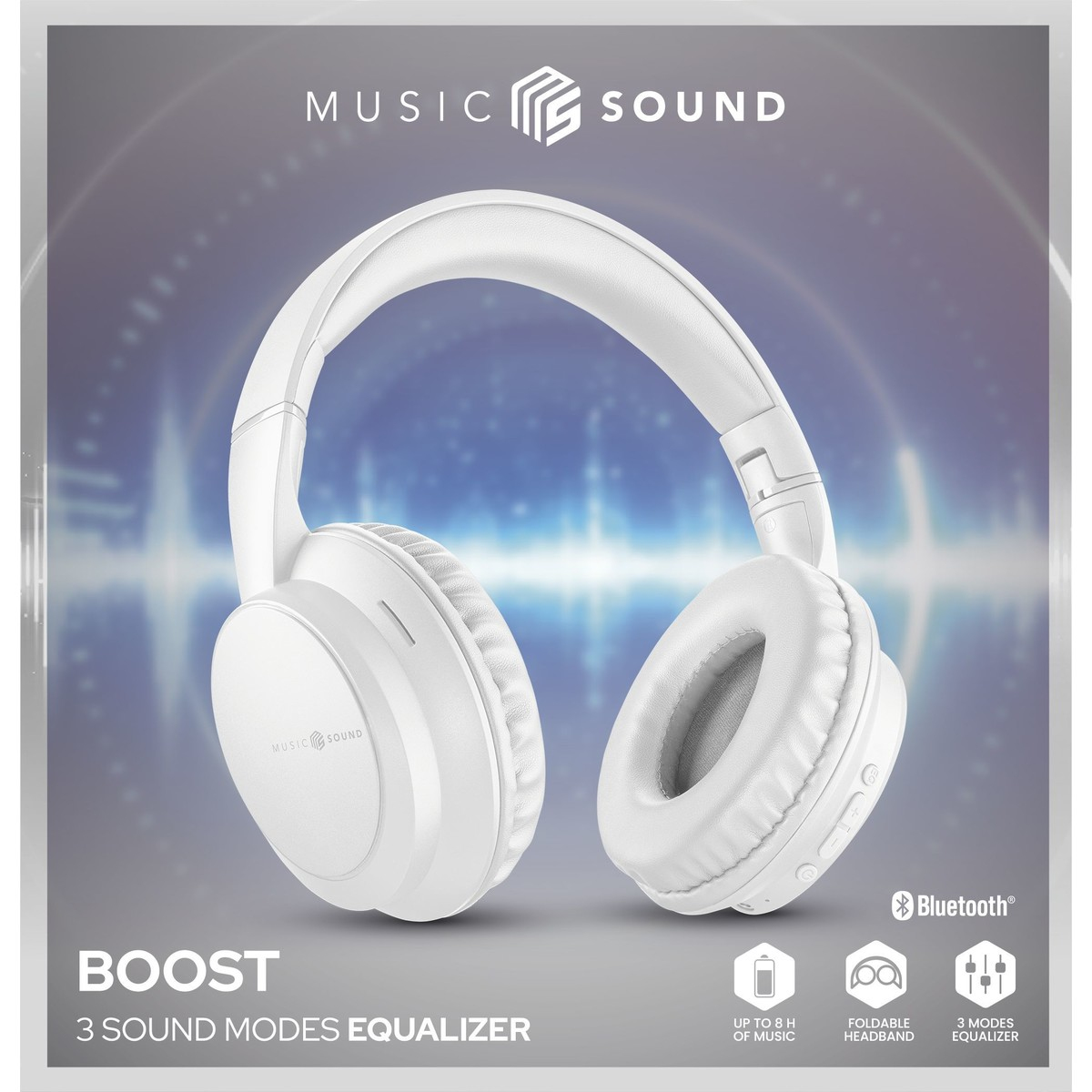 Weiße Kopfhörer mit 'MUSIC SOUND' Logo. Merkmale: Boost, 3 Soundmodi-Equalizer, Bluetooth, bis zu 8 Std. Musik, faltbares Kopfband, und 3 Modi Equalizer.