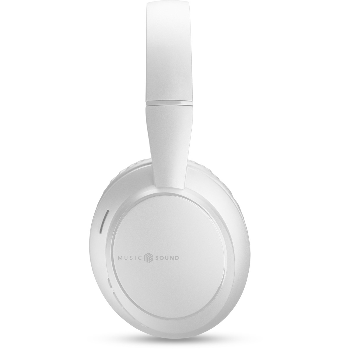 Weiße Kopfhörer mit Music Sound Logo. Die Kopfhörer haben ein Over-Ear-Design. Der Hintergrund ist weiß.