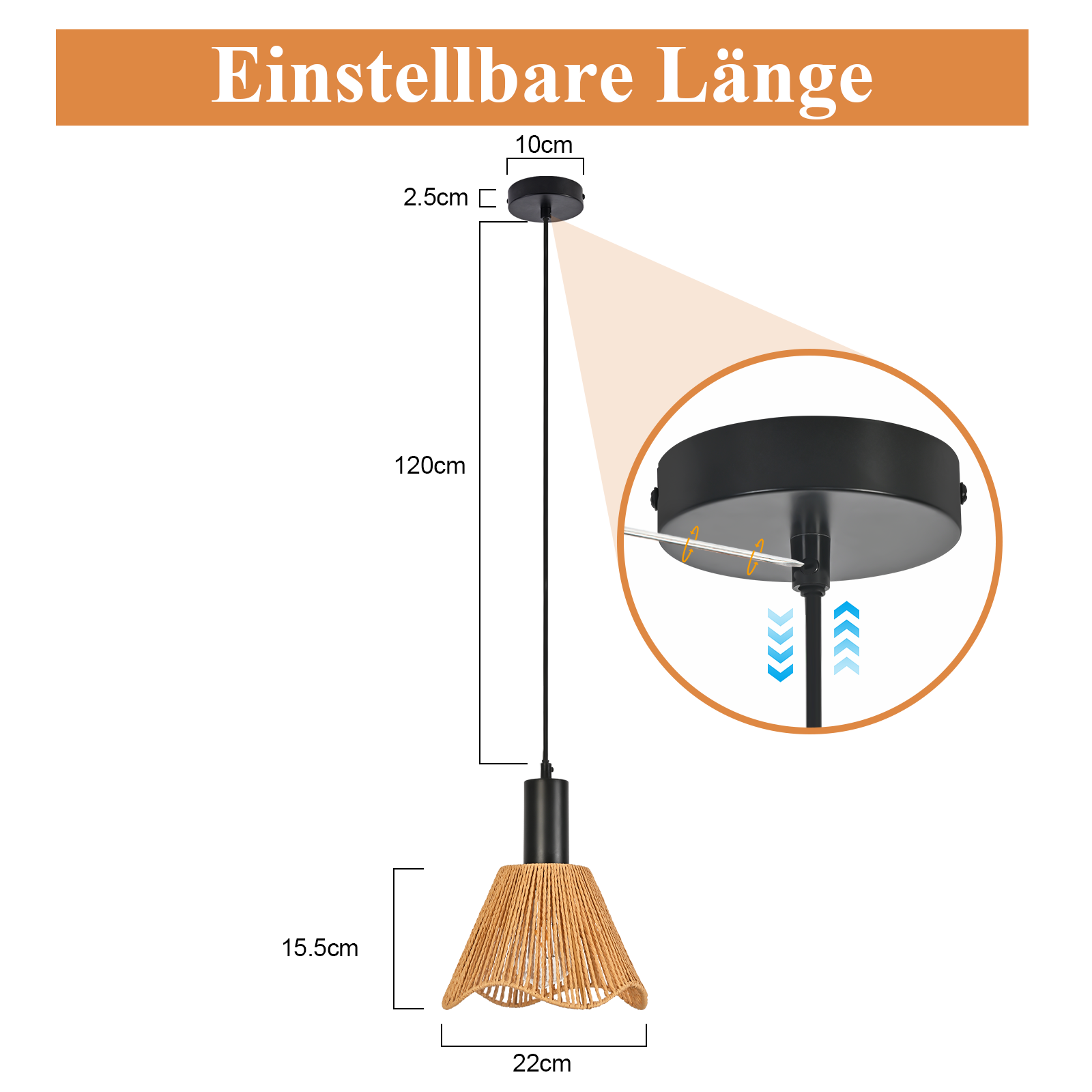 Przedstawiono lampę wiszącą z regulowaną długością. Ma czarną górę, tkany klosz i wyświetlane są wymiary.